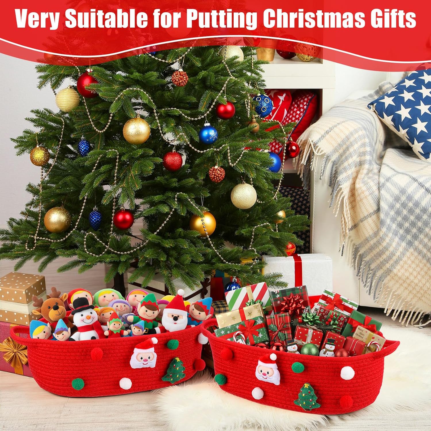 3 Pack Christmas Gift Basket Empty 15 x 9.9 x 5.1 Inch Santa Red Christmas Storage Bin with Handles, Woven Cotton Rope Basket for Gifts Holiday Treats Party Supplies, Home Xmas Decorations