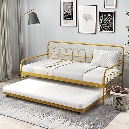 Miniatura 3 de Giantex Sofá cama individual con nido dorado, cama de día de metal con práctica cama nido extraíble, listones de metal, ruedas universales con