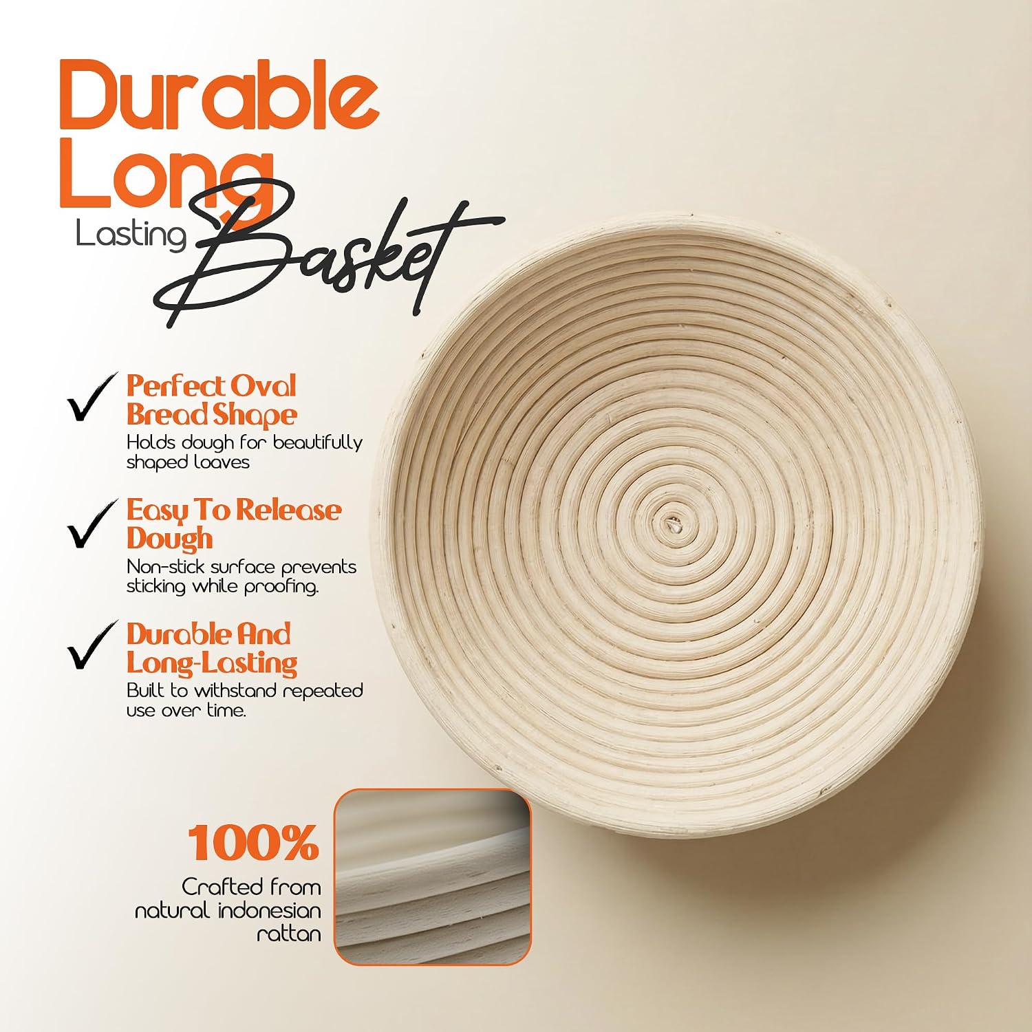 Bake Aura Sourdough Bread Proofing Basket Round 9 Inch – Pure Indonesian Rattan Banneton with Linen Liner, Splinter-Free & Food-Safe Artisan Dough Rising Bowl for Homemade Bread