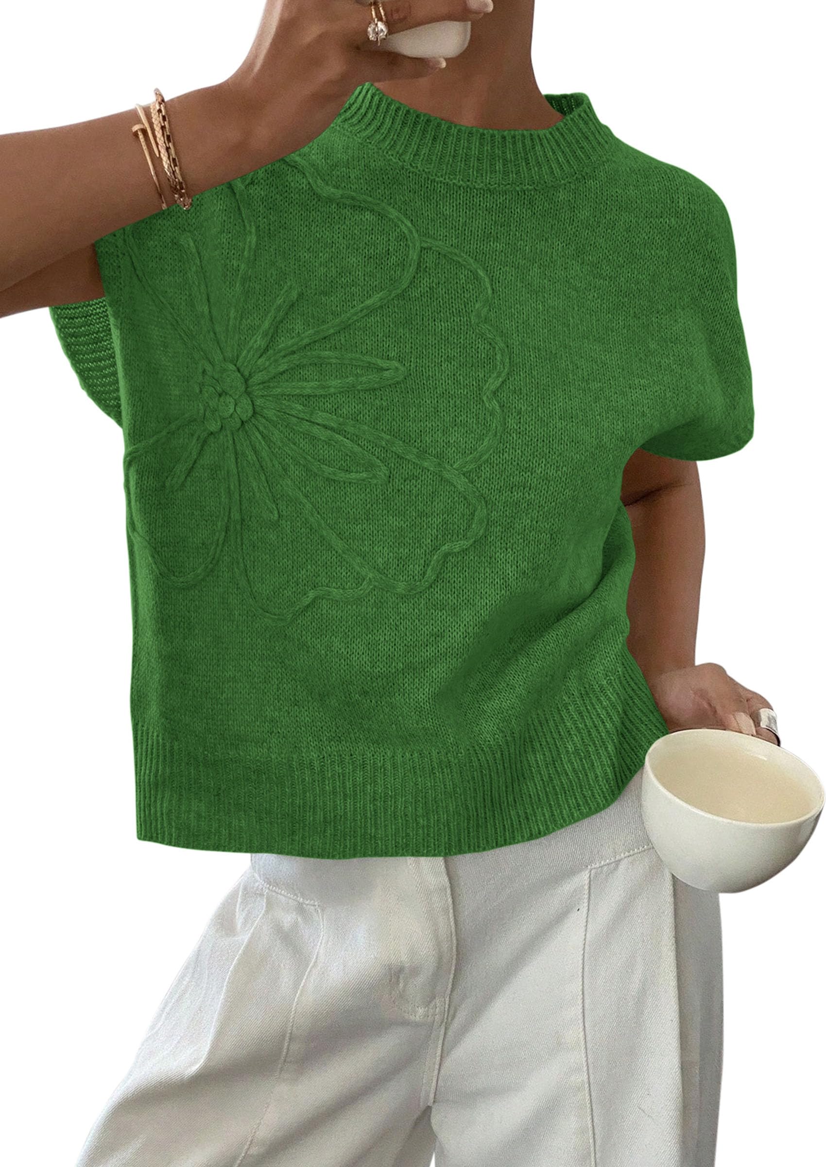 PRETTYGARDEN Women's 2026 Spring Sweater Vest Trendy Flower Knit Short Sleeve Cute Pullover Tank Tops Summer Fashion Clothing