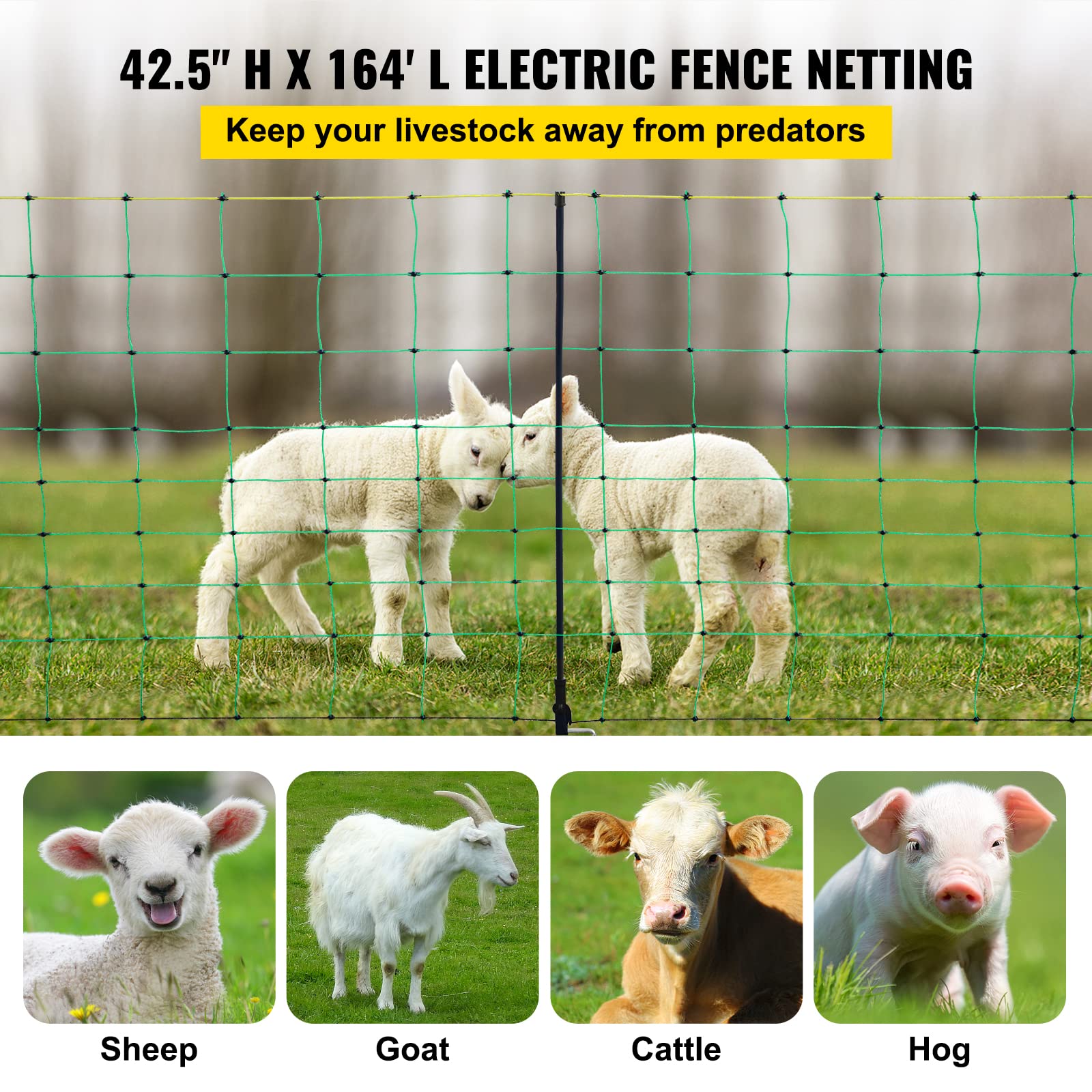 VEVOR Electric Fence Netting, 42.5" H x 164' L, PE Net Fencing with 14
