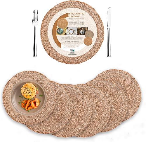 Eco Crave Juego de 6 manteles individuales redondos de yute, naturales de 13 pulgadas, estilo bohemio, rústico, tejido a mano para decoración de