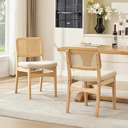 Miniatura 6 de Juego de 2 sillas de comedor de ratán, modernas sillas de comedor de granja con patas de madera maciza, sillas de cocina tapizadas con respaldo de