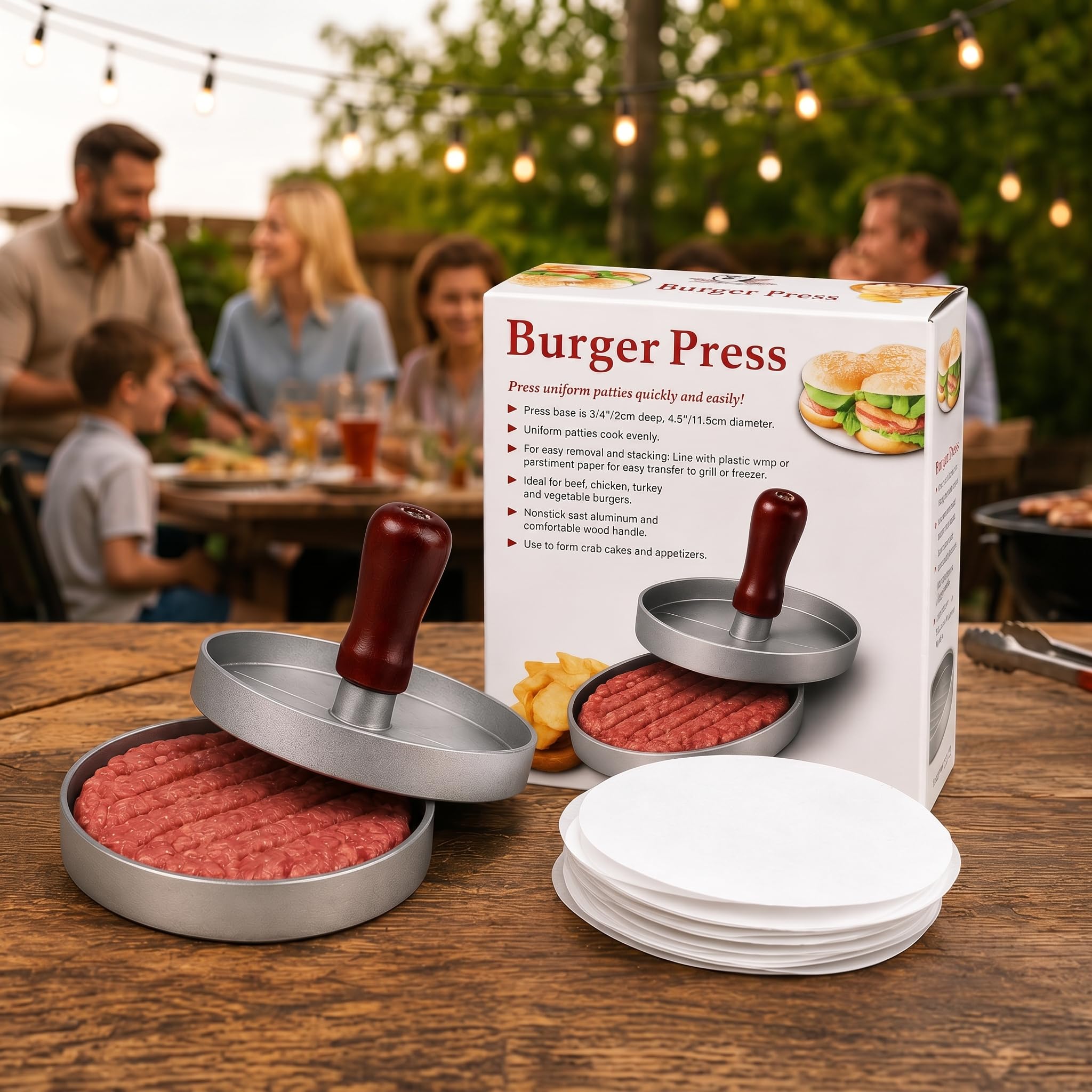 Kyto Presse à Burger Presse à Galette Moule à Hamburger avec 50 Feuilles de Papier sulfurisé Aluminium Patty Maker Accessoires BBQ Grill