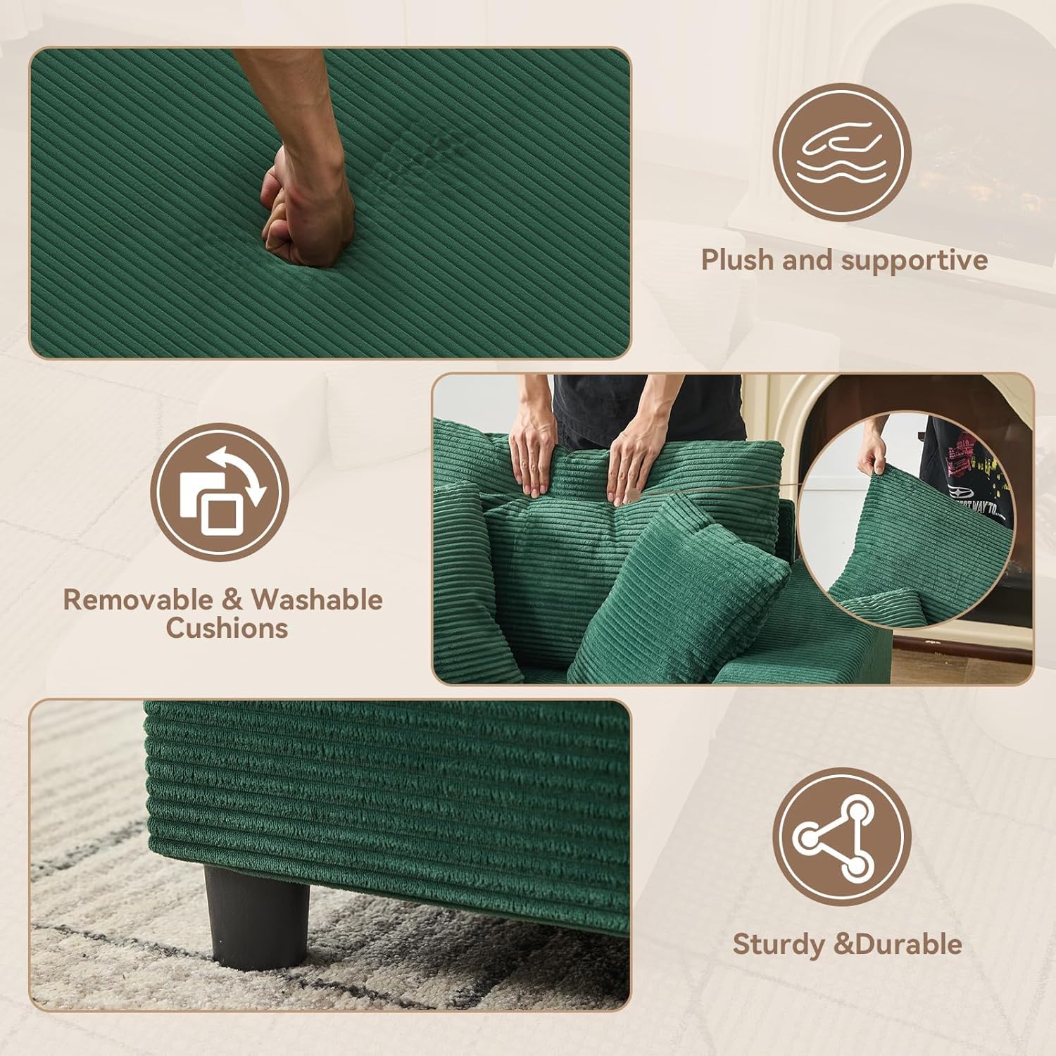 Corduroy Chaise Lounge Chair Indoor, Oversized Chair with Storage Ottoman for Living Room Bedroom, Cozy Sleeper Sofa Bed with Pillows, Green