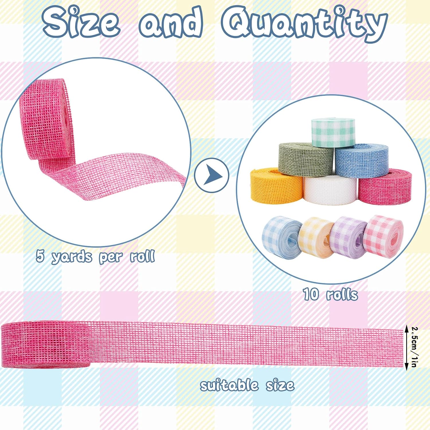 Whaline 10 Rolls 50 Yard Plaid Burlap Ribbon Rolls 1 Inch Spring Gift Wrapping Ribbon Spring Decorative Ribbons for DIY Crafts Wreath Bow Making Supplies Home Decor