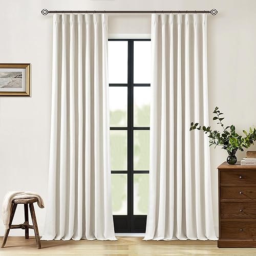 Miniatura 87 de Cortinas de lino 100% opacas de 90 pulgadas con pliegues de 2 paneles para sala de estar, con pestaña trasera plisada, cortinas oscuras con forma de