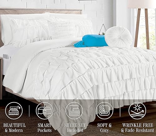 Miniatura 2 de Elegant Comfort Juego de edredón de 10 piezas con múltiples volantes, incluye sábana con bolsillos de almacenamiento de doble cara y almohadas