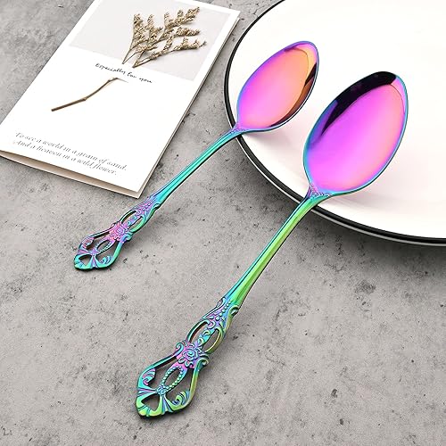 Miniatura 6 de Jankng 6 cucharas de mango largo, cuchara de hielo con diseño vintage, juego de cucharas de acero inoxidable para uso diario o en fiestas