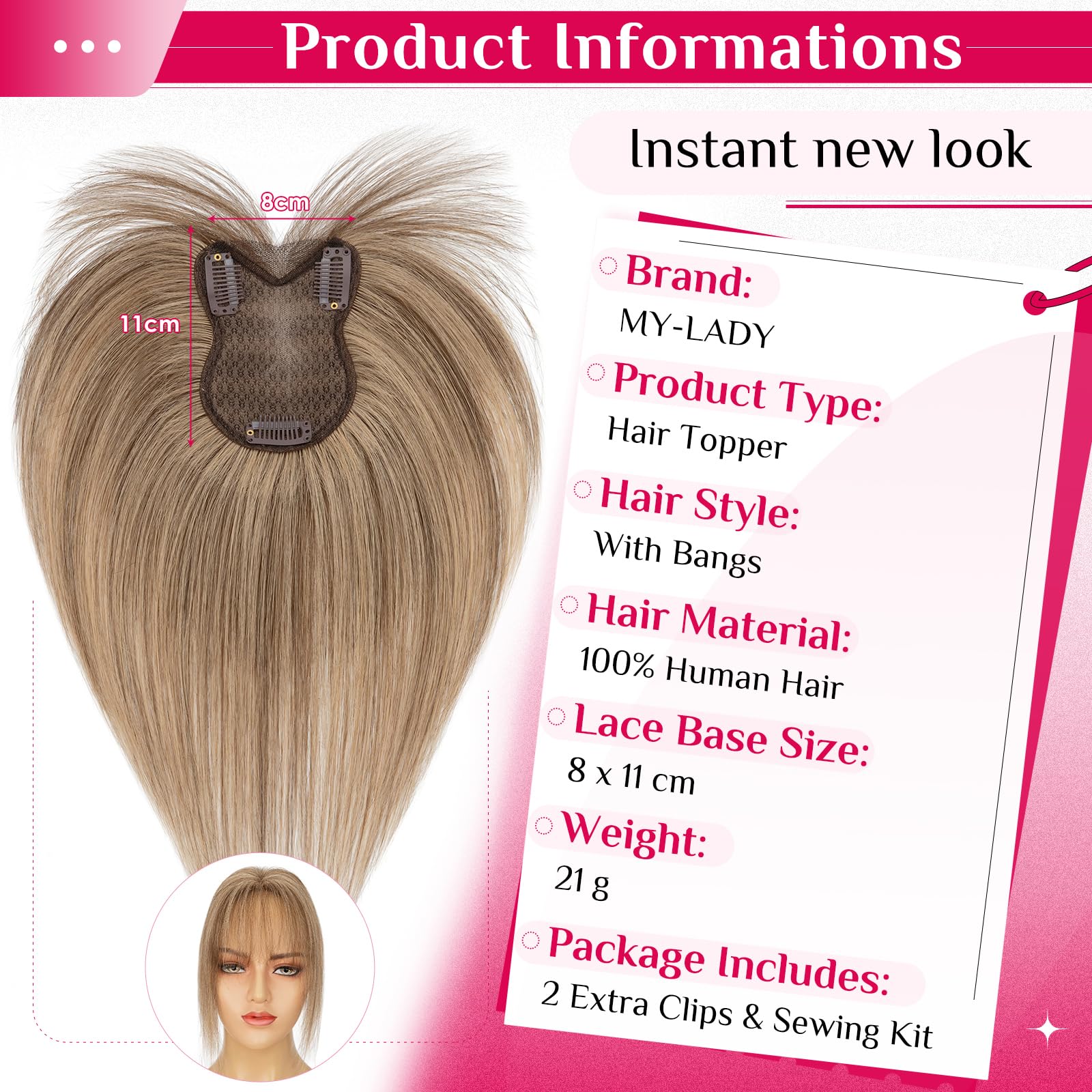 MY-LADY Human Hair Topper with Bangs Medium Brown Mix Dark Blonde Silk Base Real Hair Toppers for Thinning Hair Women 11 Inch Clip in Hairpieces #4/27 - Image 2