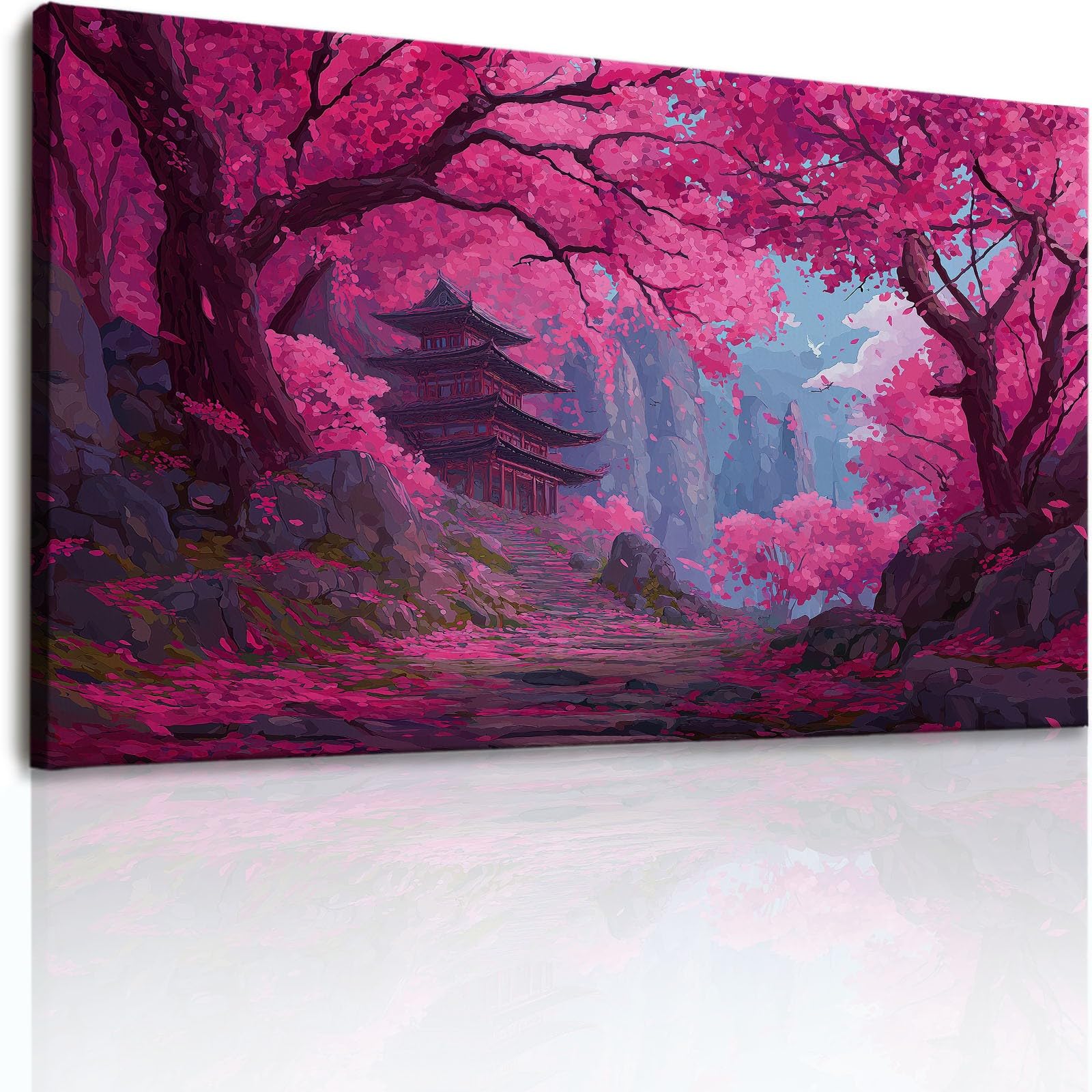 Stampa artistica da parete su tela, tempio fantasy, fiori di ciliegio, stampe su tela 99,1 x 50,8 cm, dipinti senza cornice, immagini da parete paesaggi giapponesi, poster rosa o soggiorno, bagno