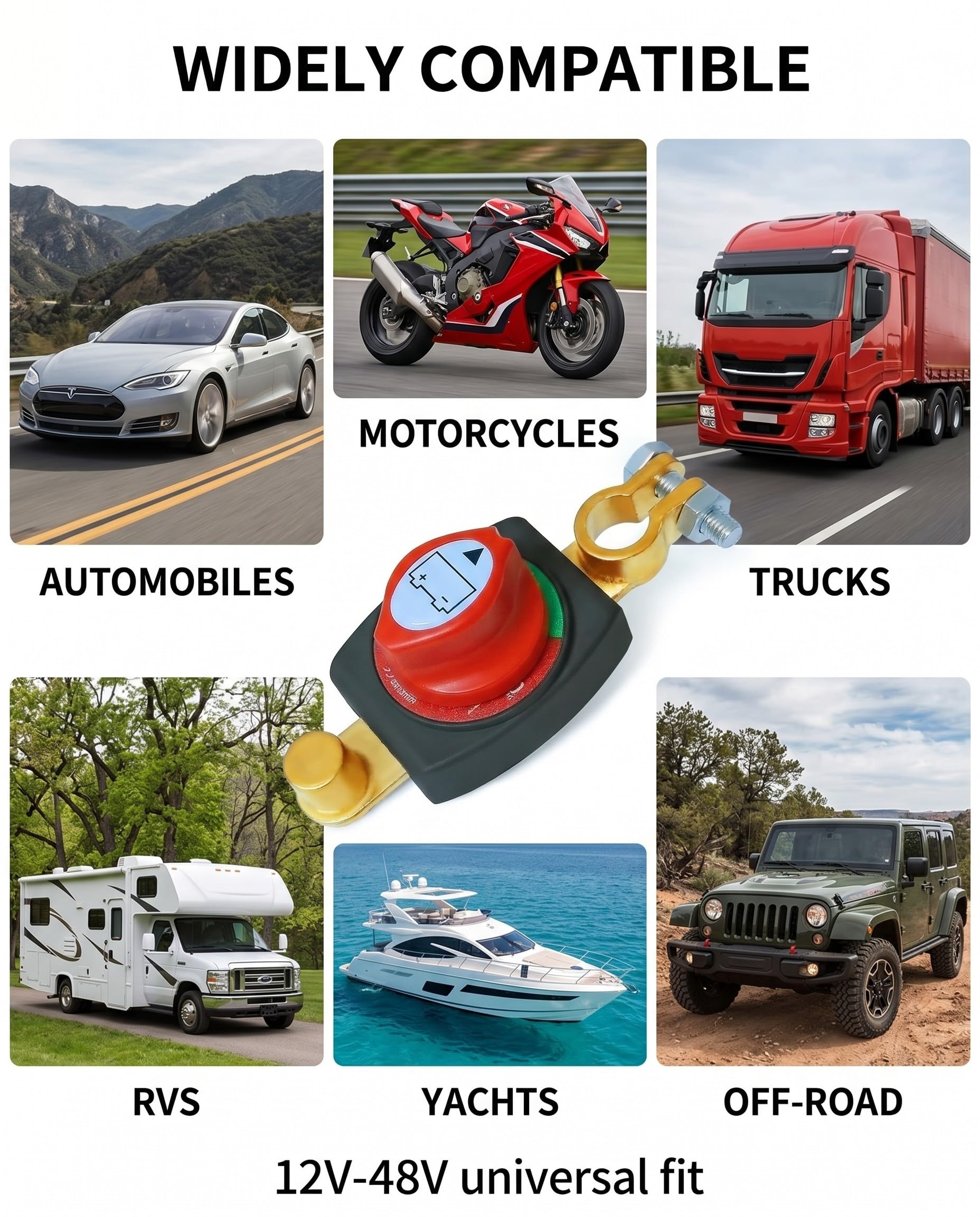 Staccabatteria 12-48V Impermeabile per Auto Moto Camion Barca. Isolatore sicurezza, evita scarica e furto veicoli.