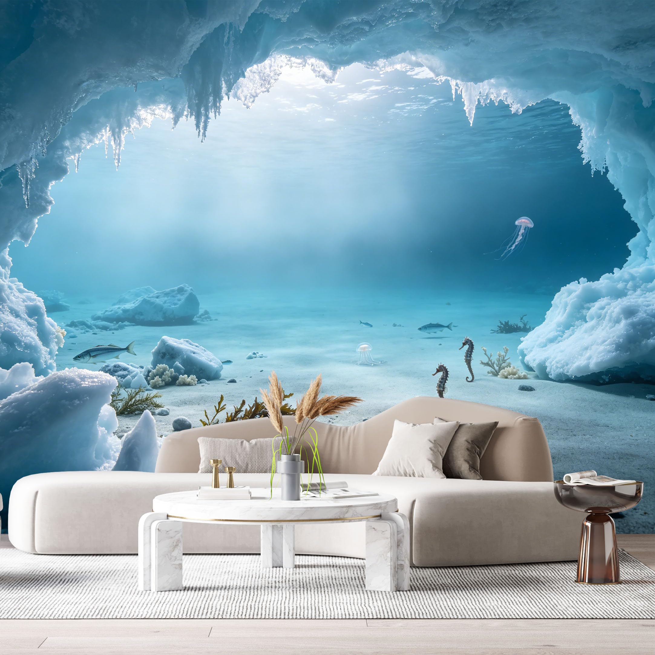 Custom Size Wall Murals Ocean Marine 3D Trompe L'Oeil Underwater Ice Cave Seahorse Jellyfish SelfAdhesiveWall Fabric Removable Wallpaper Wall Decor for Living Room Bedroom Bathroom