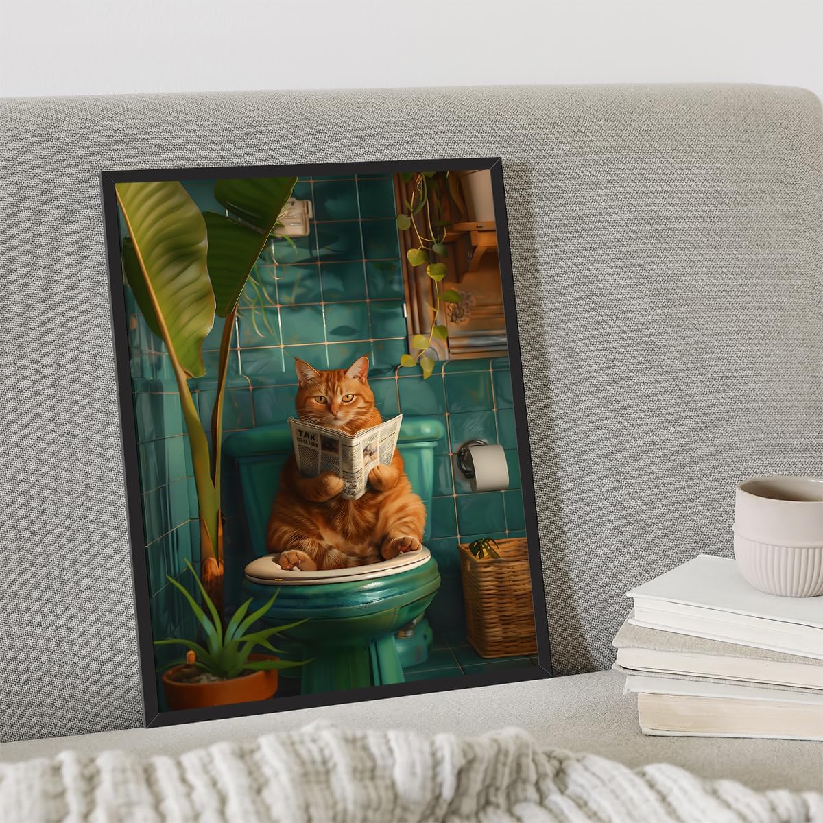 Funky Canvas Wall Art: Cute Cat Reading Newspaper on Toilet, Funny Cat Bathroom Decor, Green Botanical Plant Animal Print 24x36in Framed