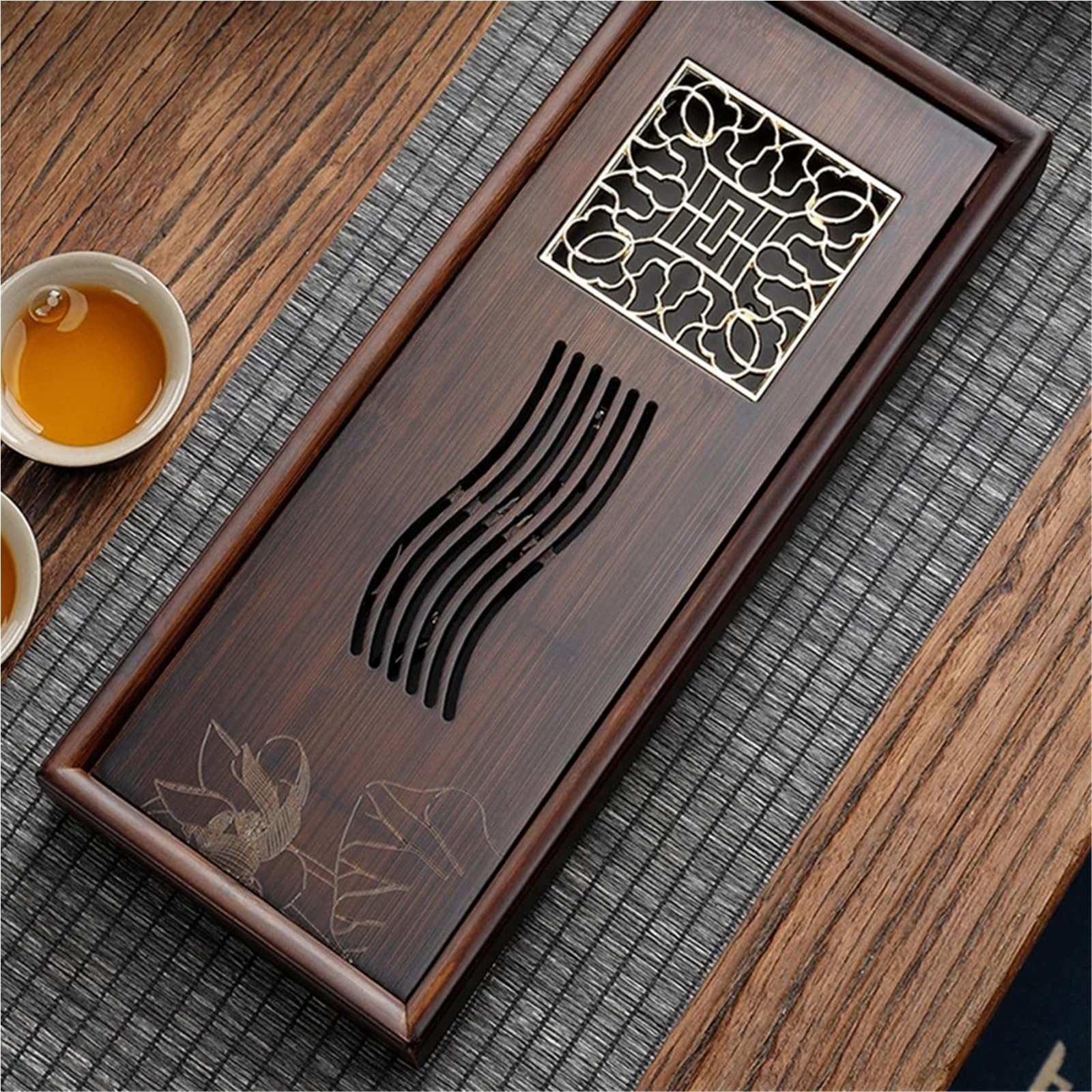 Vassoio da tè in bambù per kung-fu, pannello cavo con contenitore, elegante set di accessori per la casa (L40 x 21 x 5 cm, 1000 ml) per cerimonia del tè tradizionale
