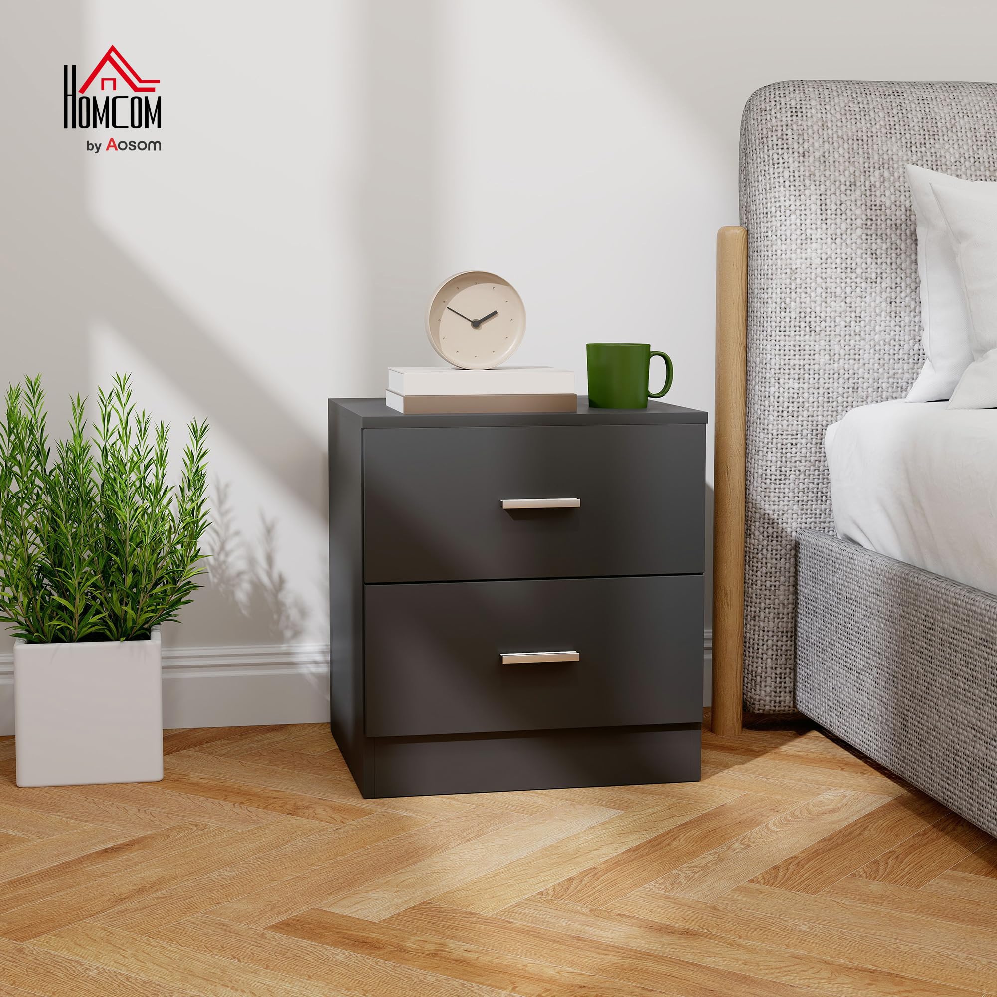HOMCOM Mesita de Noche Moderna, Mesilla de Noche Dormitorio con 2 Cajones, Mesita Auxiliar para Salón, Dormitorio, Vestuario, 45x39,5x49 cm, Negro