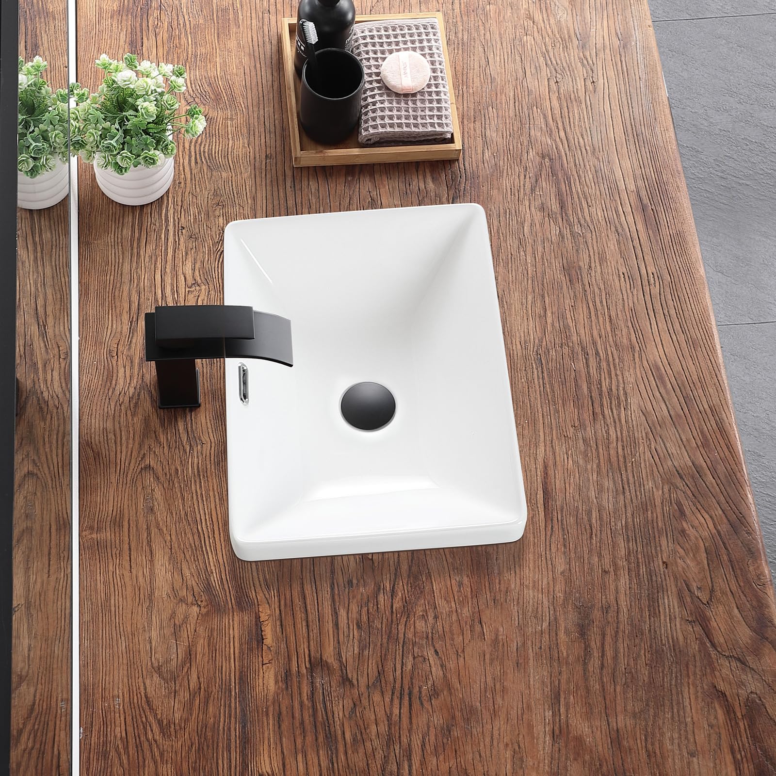 Fregadero de baño de 16.7 x 12.6 pulgadas, semi empotrado, fregaderos de baño rectangulares con desbordamiento de cerámica blanca para baño, fregadero moderno sobre mostrador 8