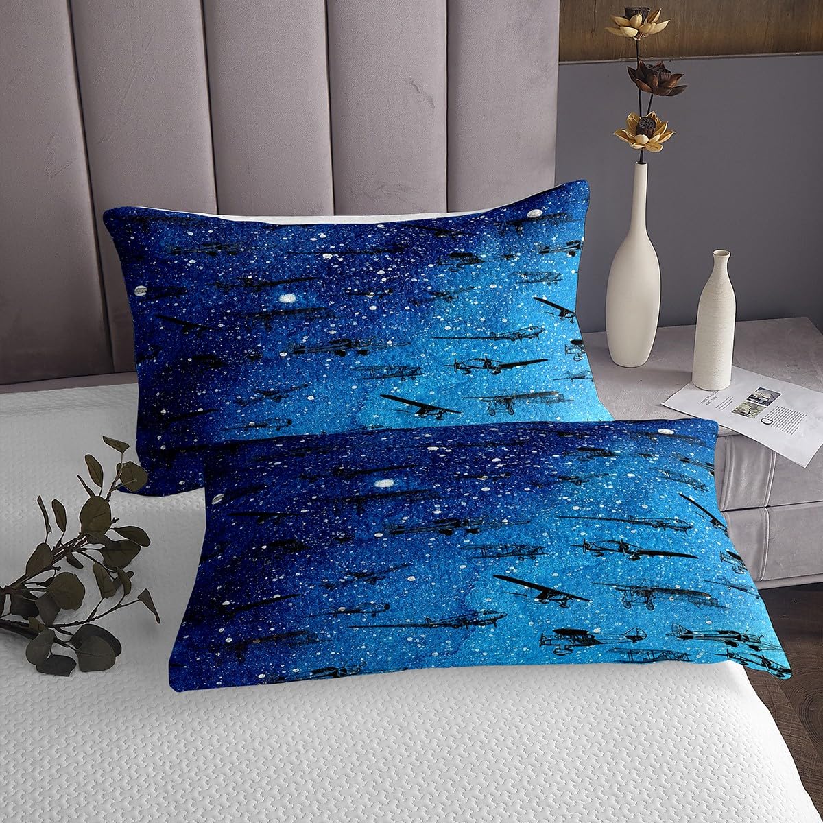 Zestaw pościeli dziecięcej z motywem samolotu, rozmiar M, czarny samolot, szkic, pościel dla dziewcząt, nastolatków, niebieski krawat Galaxy Starry, kolorowanka, wszechświat, miękki poliester