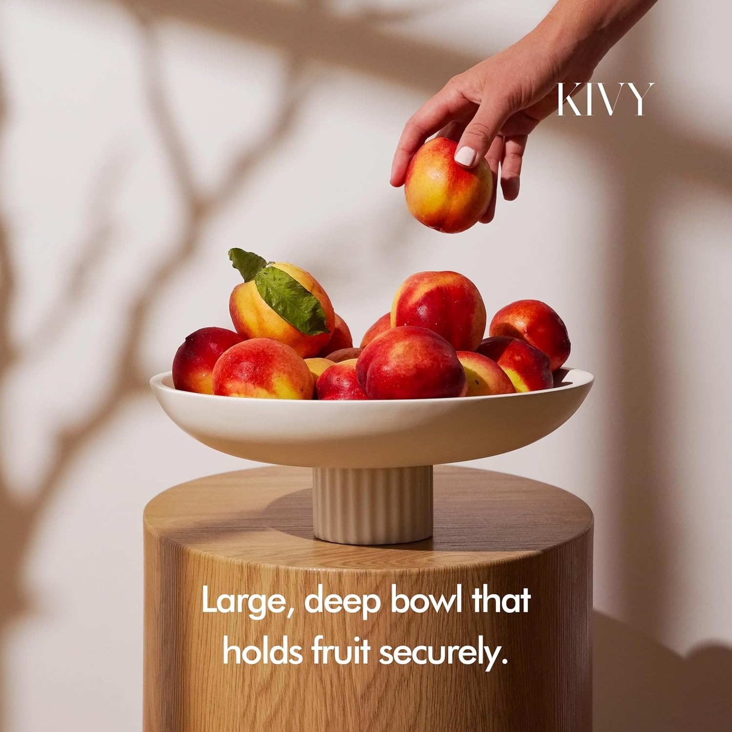 kivy concrete fruit bowl for kitchen counter - large decorative pedestal bowl for home decor - modern key bowl for entryway table - white cream ribbed