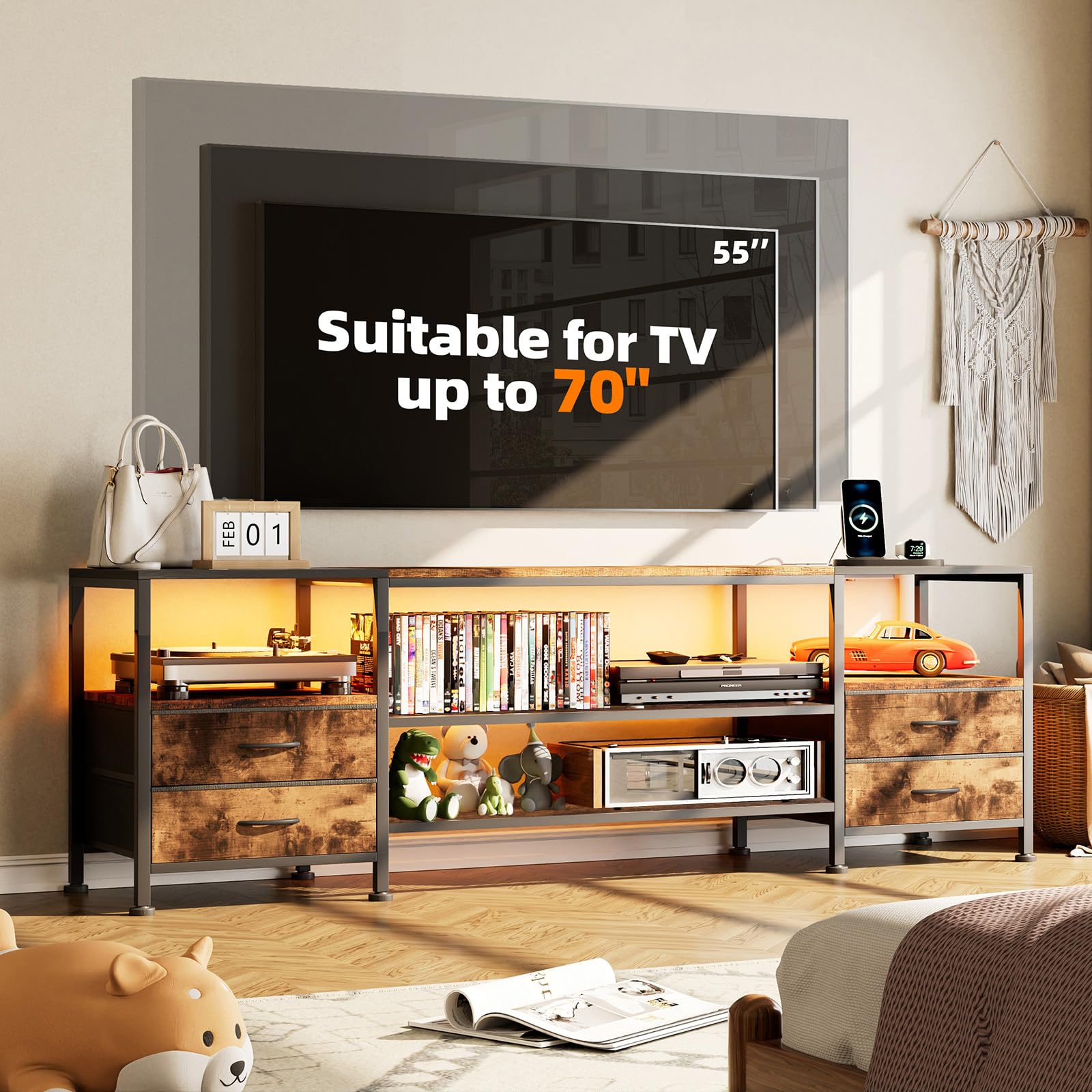 Mobile TV con Luci LED Presa, Tavolo TV Basso per Fino a 70 Pollici, Scaffale con 4 Cassetti in Tessuto e 2 Ripiani Aperti, Mobili per Soggiorno Camera da Letto, Marrone Vintage
