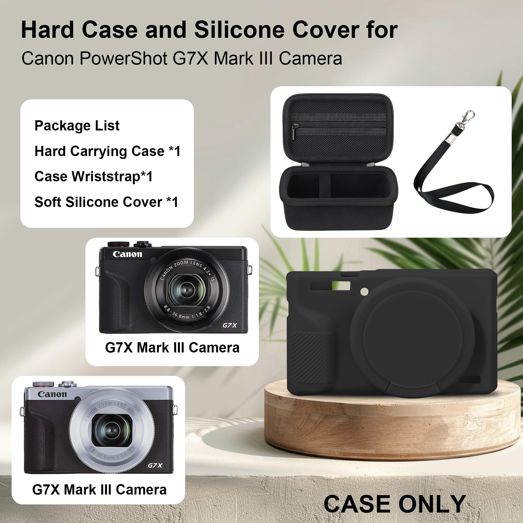 RAIALL Custodia per fotocamera digitale Canon PowerShot G7X Mark III, 1* custodia rigida da trasporto + 1* custodia protettiva morbida in silicone, Nero+Nero