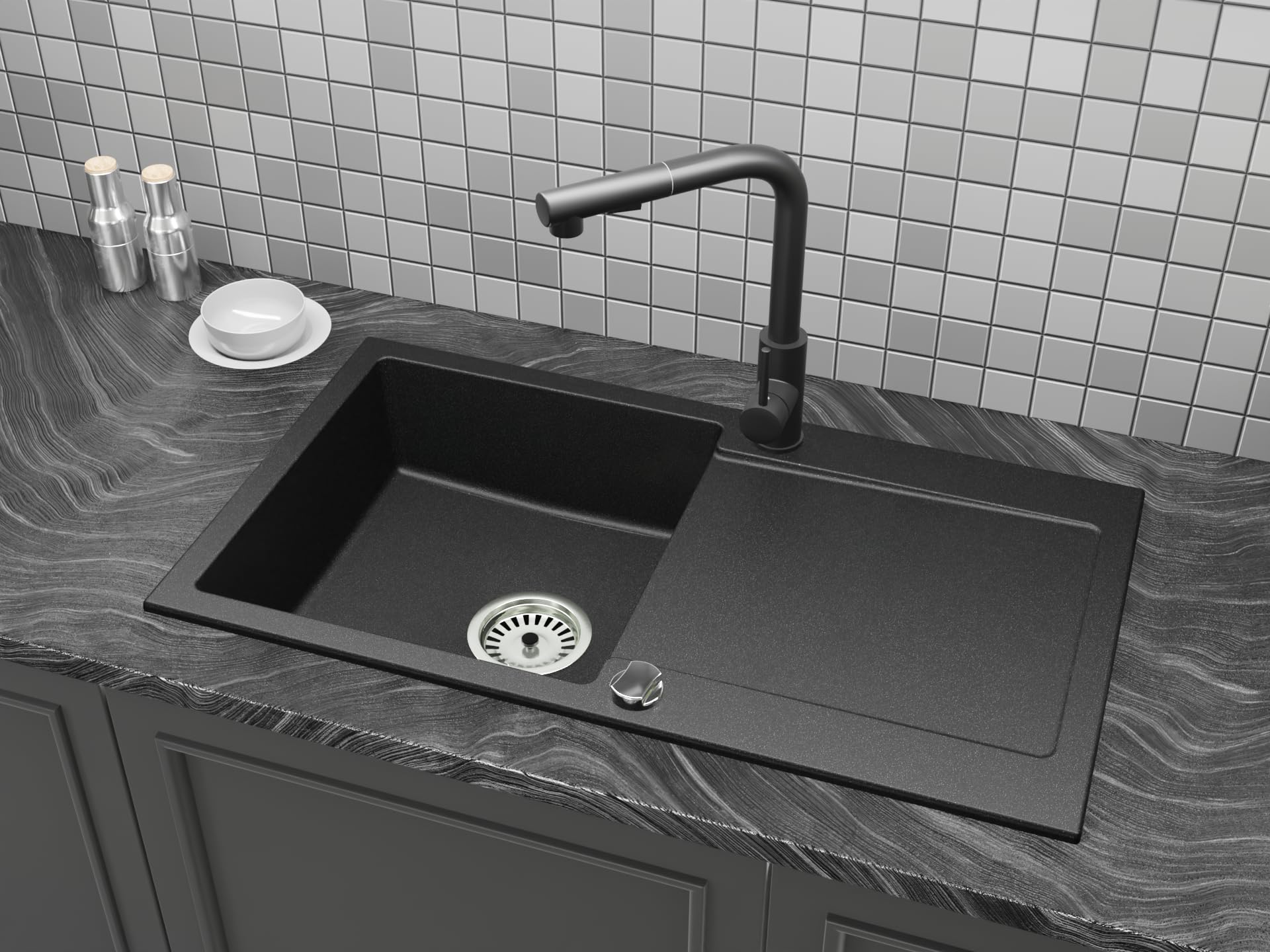 Faizee Home | Granitspüle 90x50 cm – Reversibles Spülbecken mit Abtropffläche inkl. Siphon & Drehexzenter | Kratzfest, hitzebeständig & für 45 cm Unterschränke (Side, Schwarz Gesprenkelt)