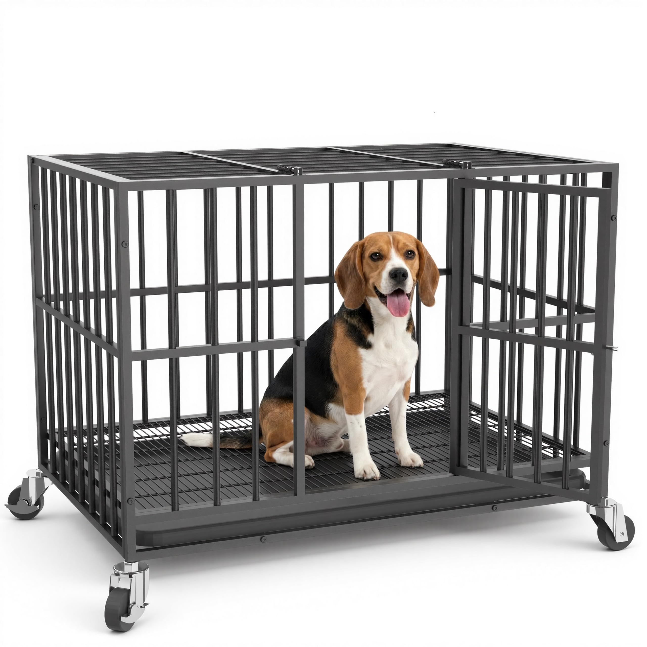 38 in Heavy Duty Dog Crate Steel Escape Proof, Indoor Double Doors and Lockable Wheels,Removable Tray, for Small and Medium Dog Breeds