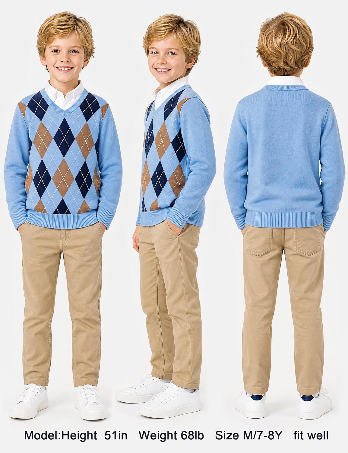 JSTEX Boys Argyle Sweater Cotton Kids V-Neck Pullover School Uniforms