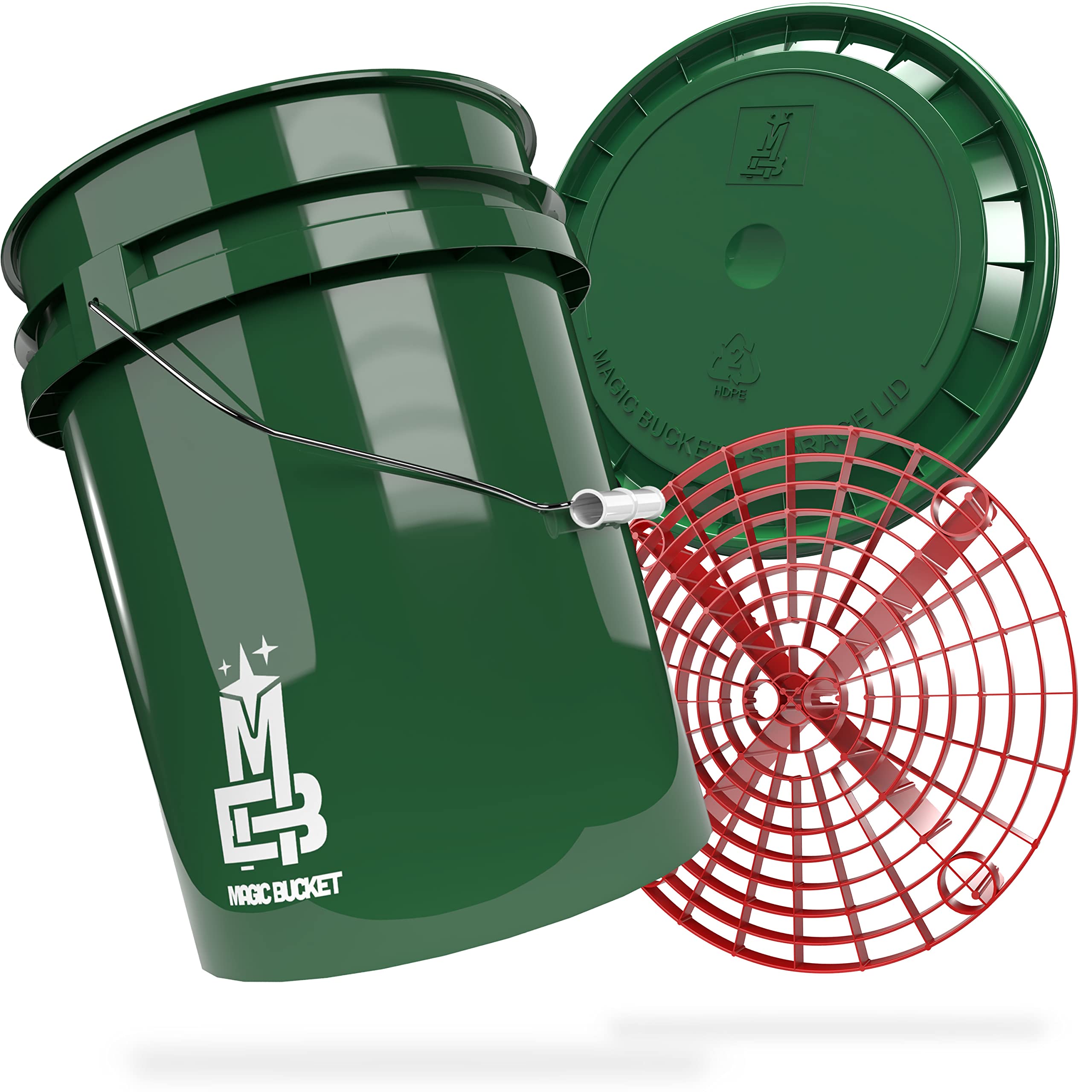 MAGIC BUCKET | Paquete de lavado a mano para coche, cubo de lavado con tapa a juego, 5 galones de EE. UU. aprox. 20 litros, con bandeja de grit, colador de suciedad, juego de lavado, verde oscuro/rojo