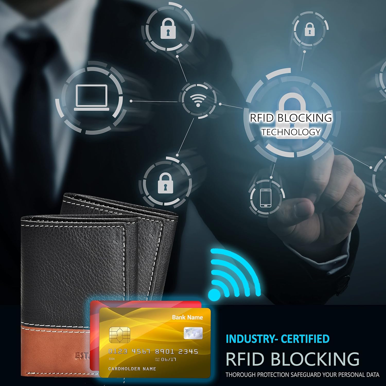 Vista 6 de Carteras RFID delgadas para hombre billetera triple con bolsillo frontal de cuero genuino Cartera RFID