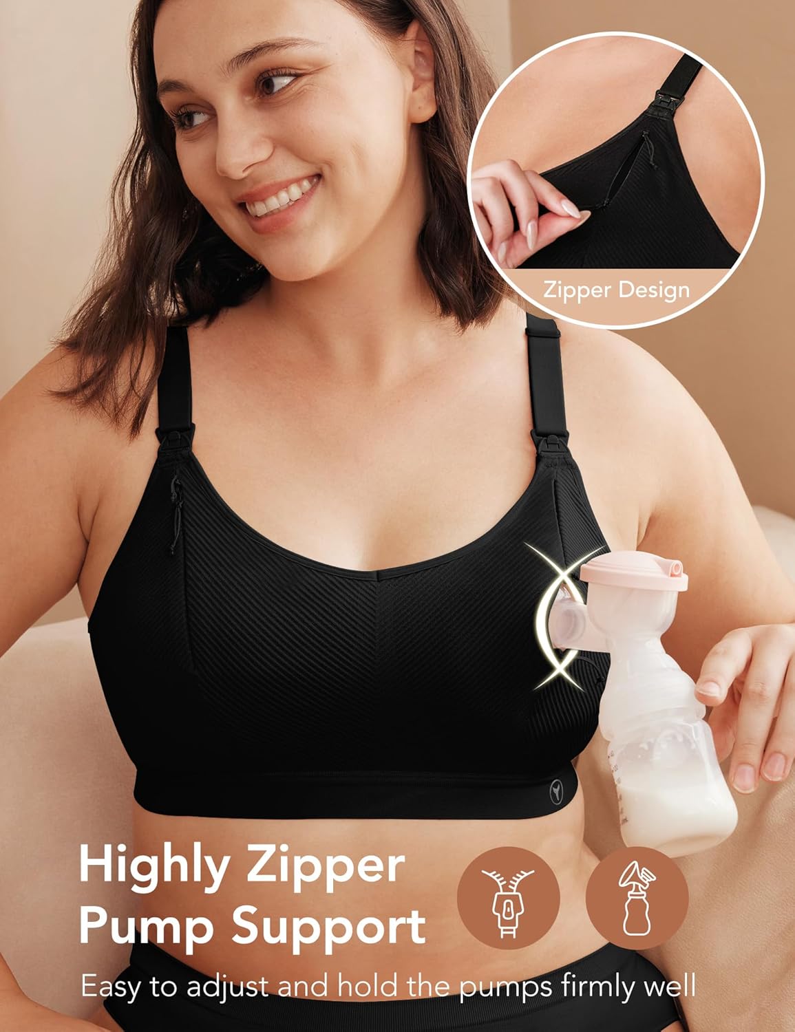 Pumping Bra Hands Free Zip Opening Design Seamless Nursing Bras for Breastfeeding High Support Nursing & Pumping Bra in One Black M - Image 2