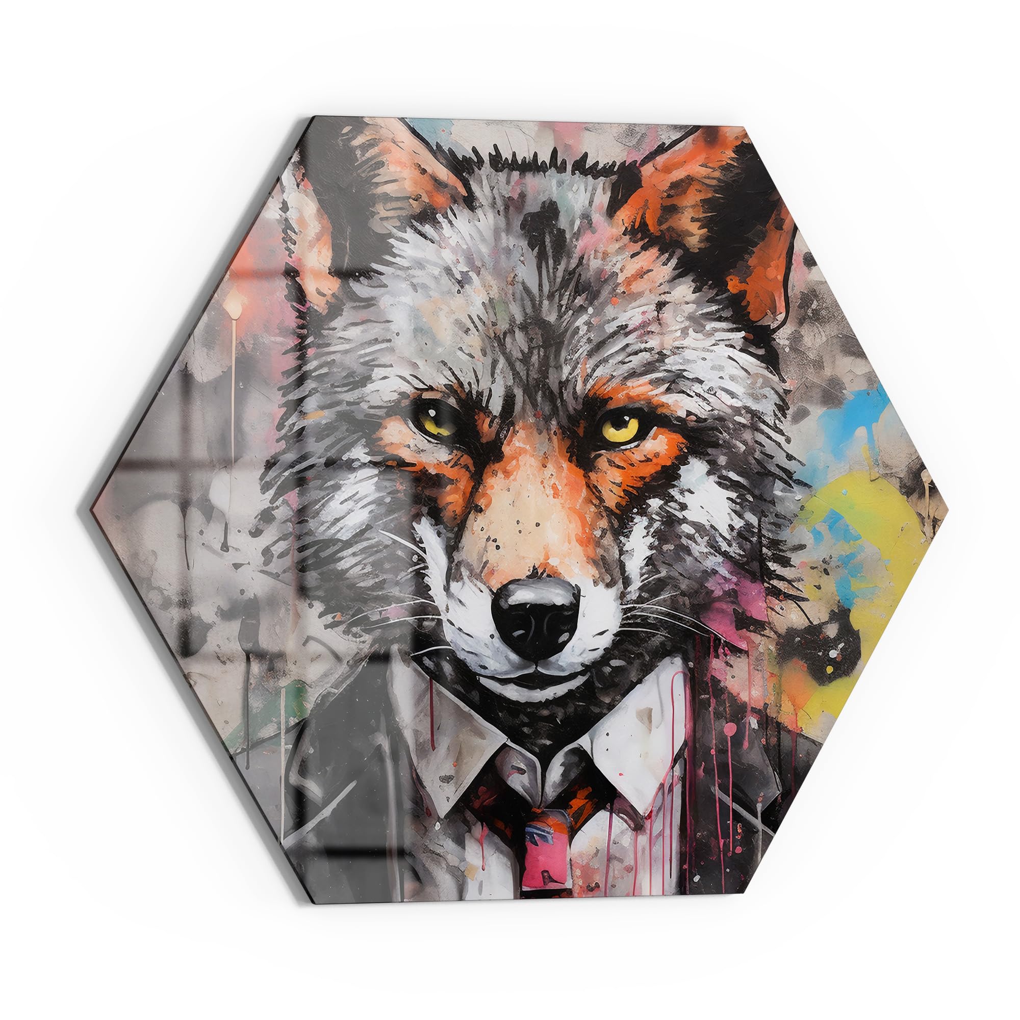 DEQOART Pizarra magnética de cristal, hexagonal, 40 x 34,5 cm, diseño de zorro del mundo empresarial, pizarra magnética con imanes, bolígrafo y paño para cocina y oficina