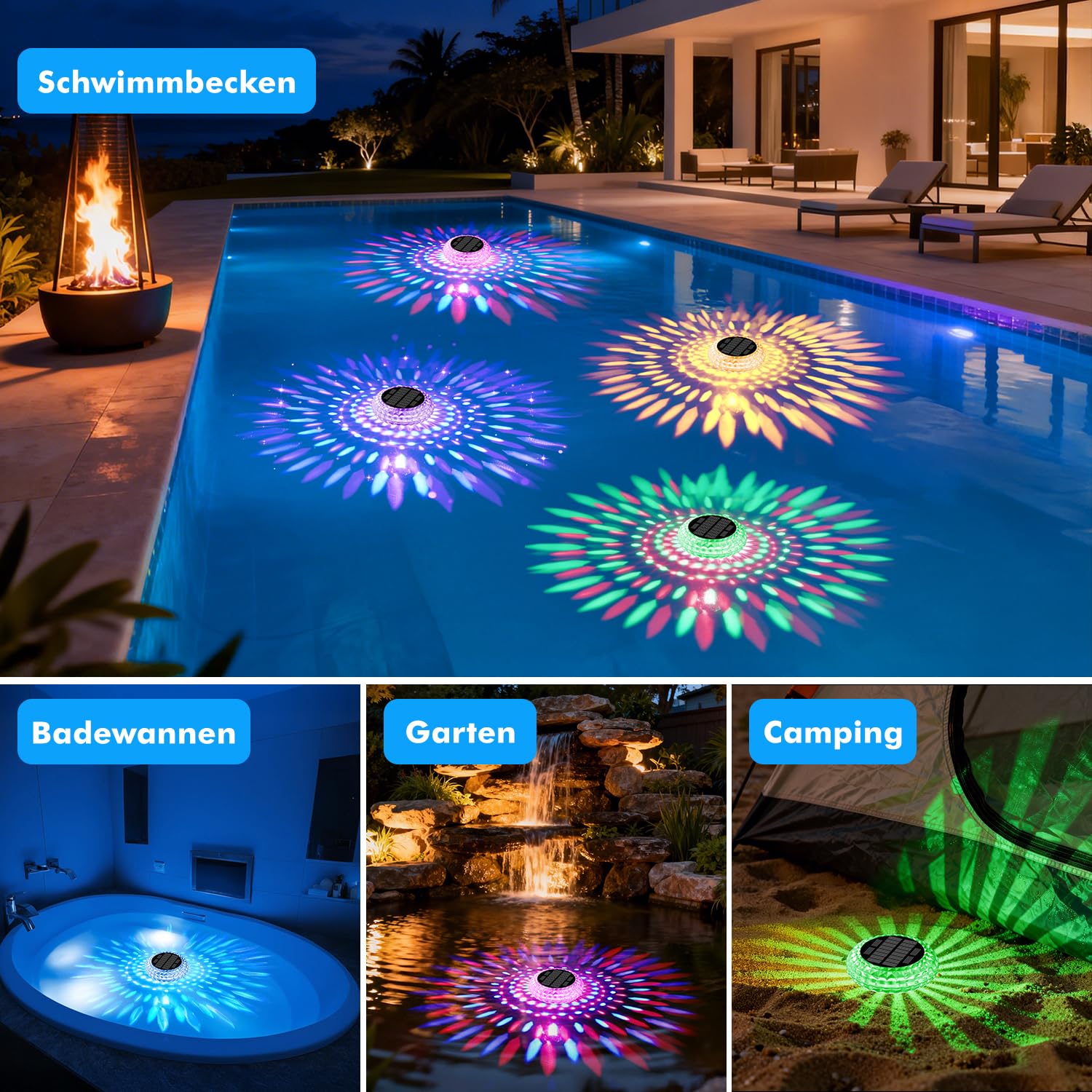 Shuniu Solar Poolbeleuchtung Unterwasser, 2 Stück Schwimmende LED Pool Licht, RGB & Warmweiß Modi, IP68 Wasserdicht, 600mAh Akku, Teichbeleuchtung für Whirlpool, Schwimmbad & Badewanne Deko