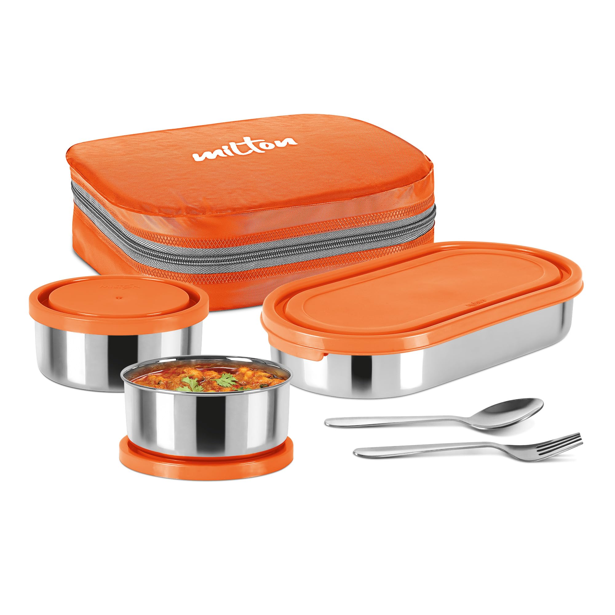 MILTON Cubite Stainless Steel Tiffin, 3 Containers (280 ml, 280 ml, 472 ml) with Jacket, Spoon & Fork, Orange | Lunch Box | Food Grade | Odour Proof | Light Weight | Hygienic (B0CJ6QJHK7) Amazon Price History, Amazon Price Tracker