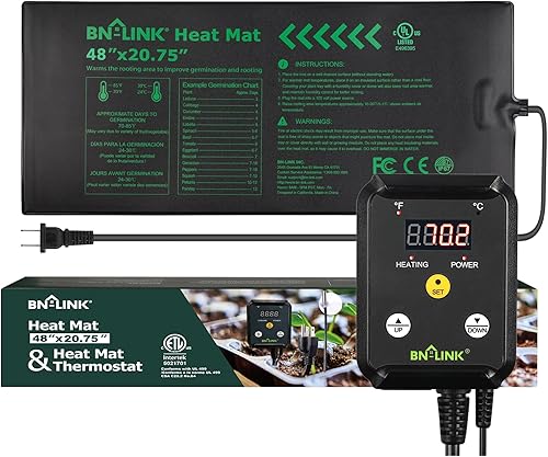 BN-LINK Alfombrilla térmica duradera para plántulas de 48 x 20.75 pulgadas con controlador de termostato digital, impermeable, para inicio de