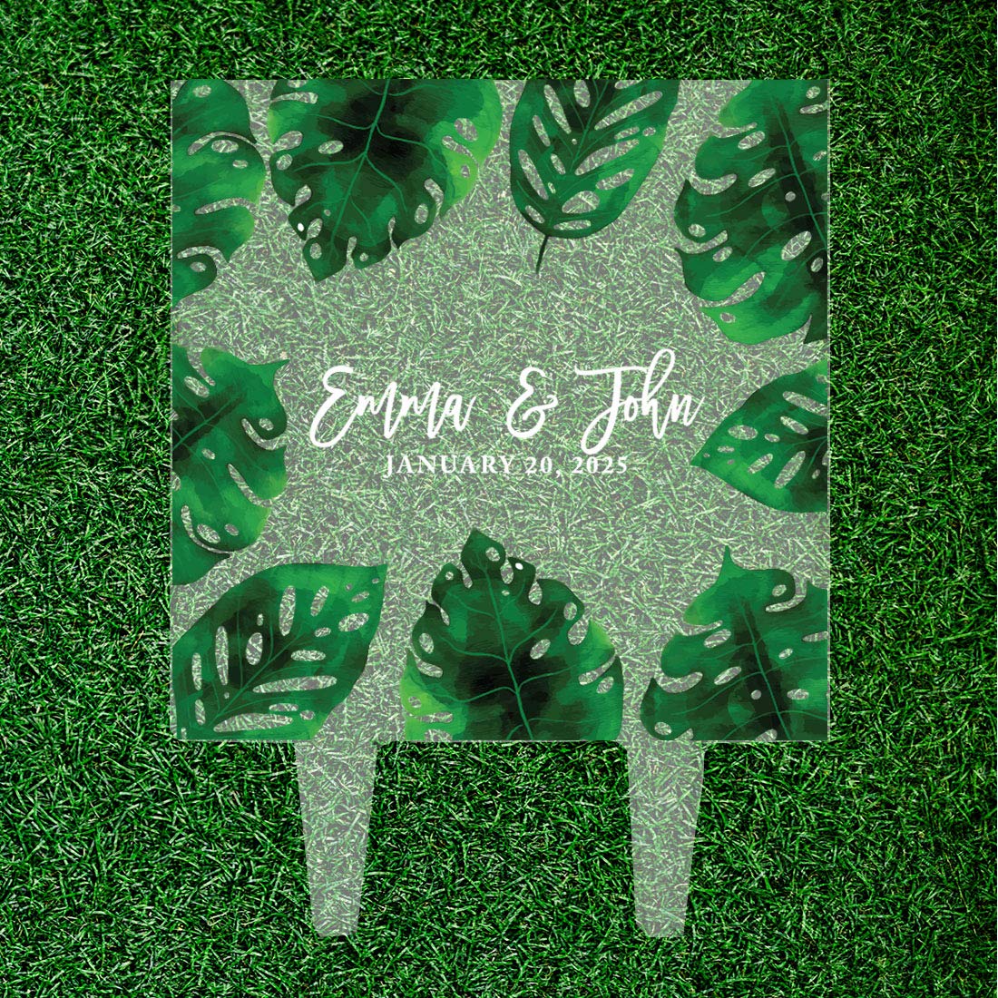 Andaz Press Tropical Greenery Monstera Leaves Names Date Custom Wedding Cake Topper, Acrylic Square Personalized Couple Cake Topper