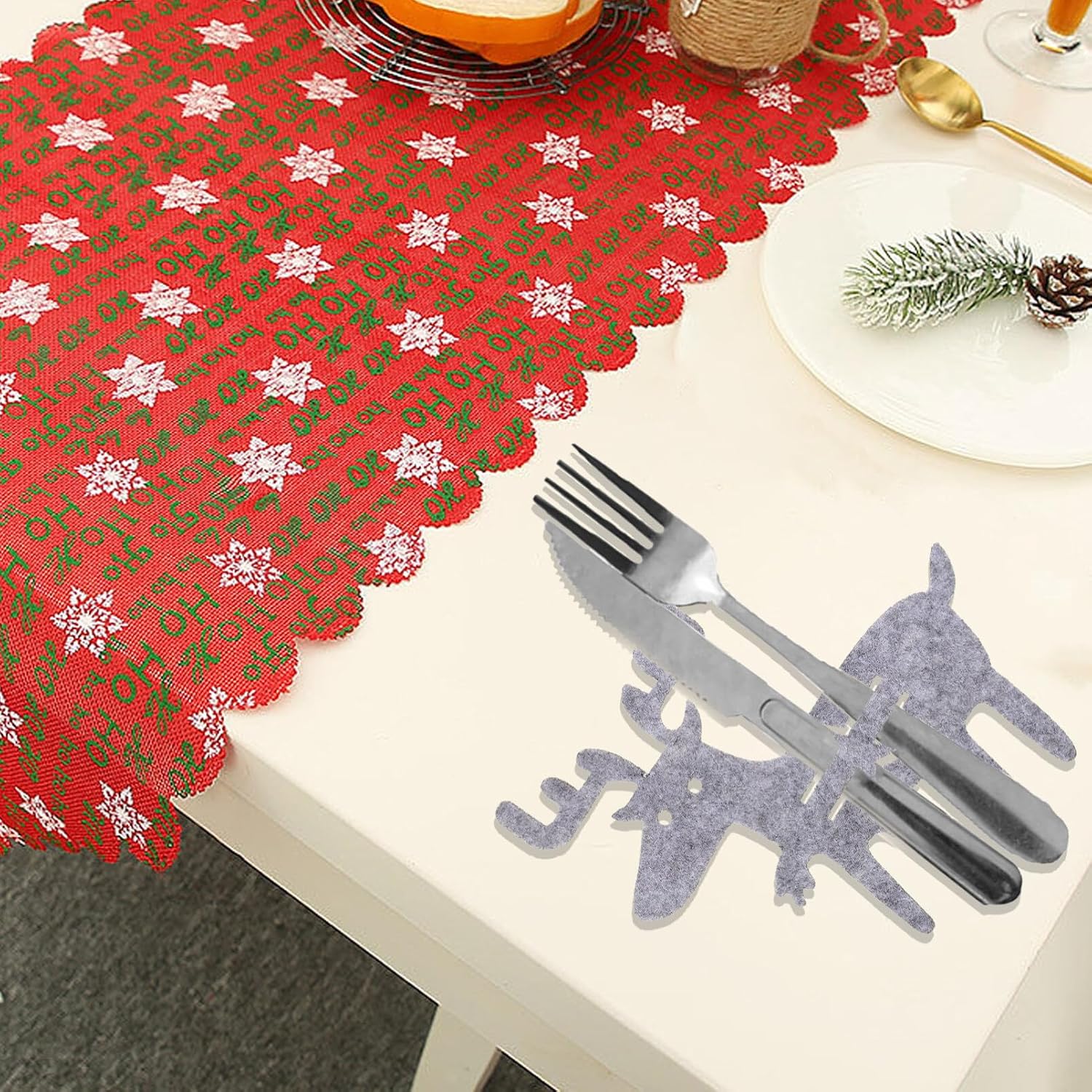 Xmas Christmas Cutlery Holder 4pcs Fabric Reindeer Tableware Decor image 2