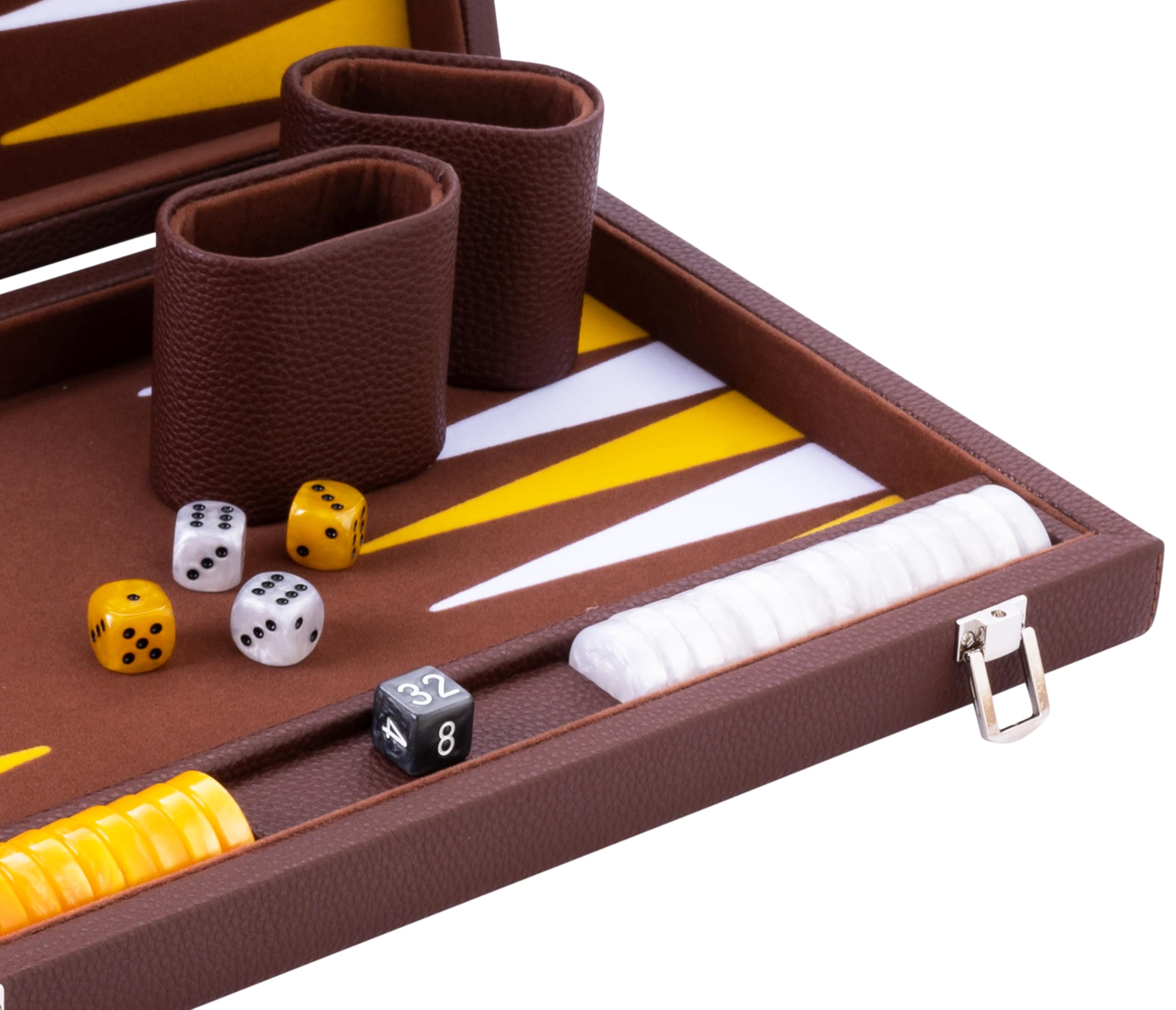Engelhart 250520 – Backgammon de Lujo 38 cm – Exterior Piel sintética, Interior con incrustación de Fieltro – Dados y fichas nacaradas – Incluye 2 Vasos – Juego Profesional y recreativo.