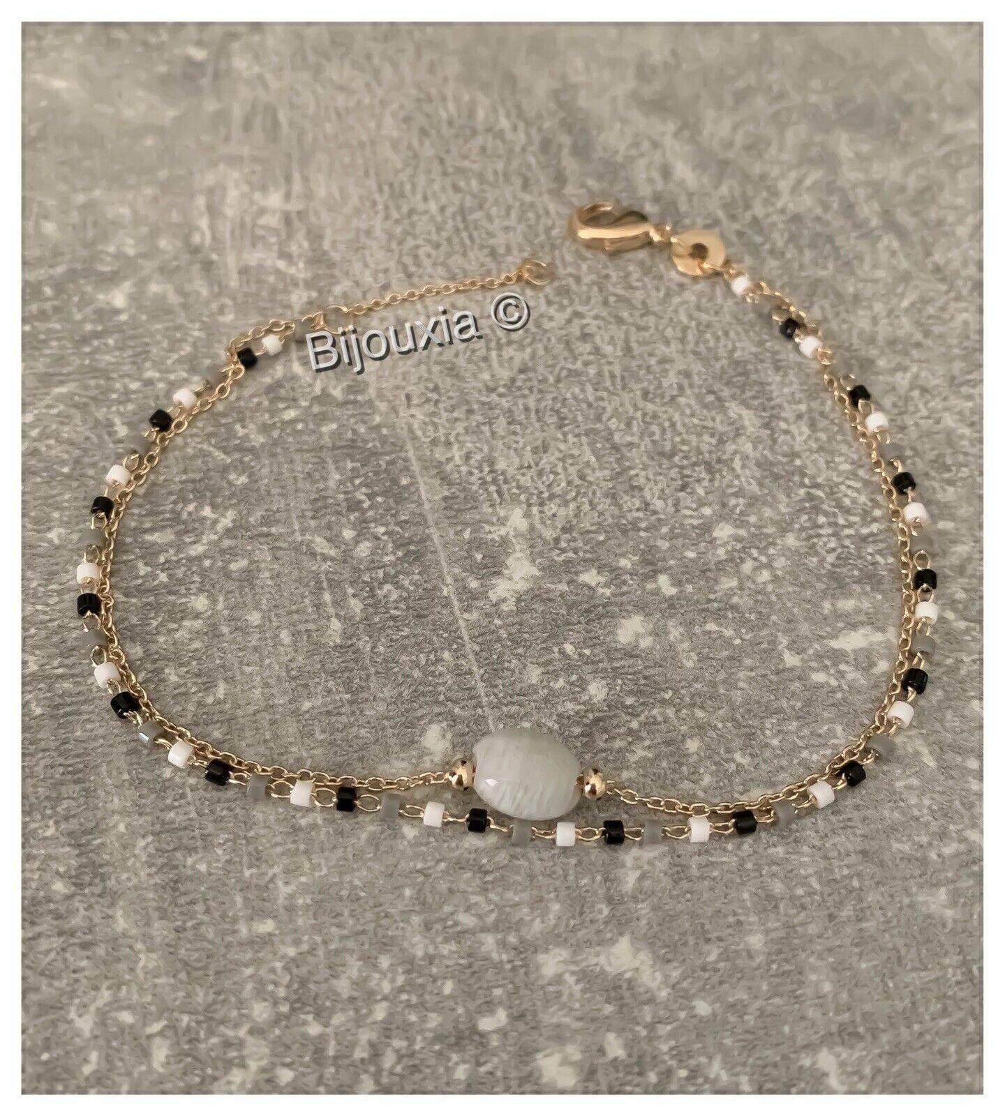 Bracciale a doppia fila con pietra di luna e perle di Miyuki placcato oro 18 carati, 18 cm, Pietra Metallo