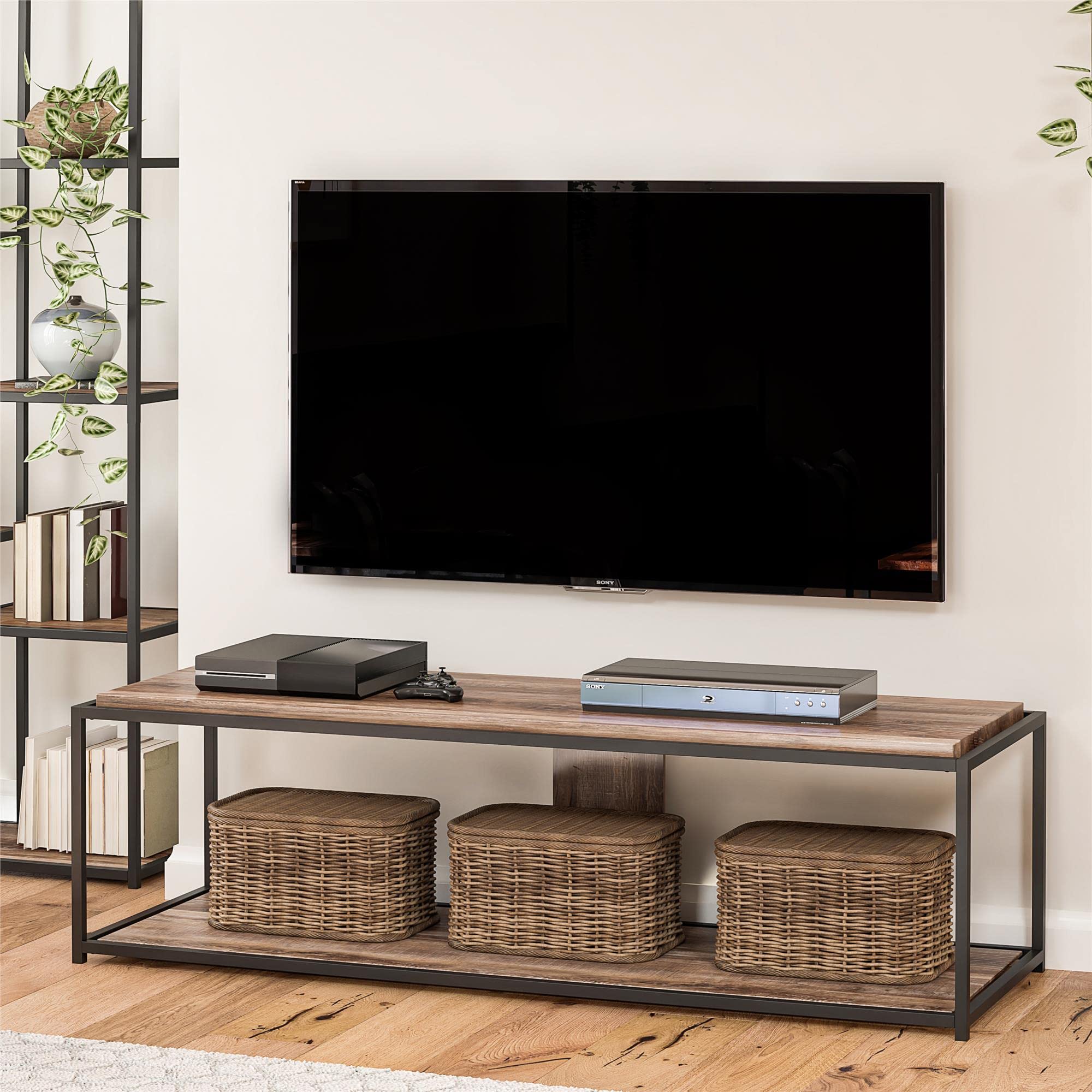 DHP Furniture Quincy TV Stand 65 Inch, Weathered Oak Look