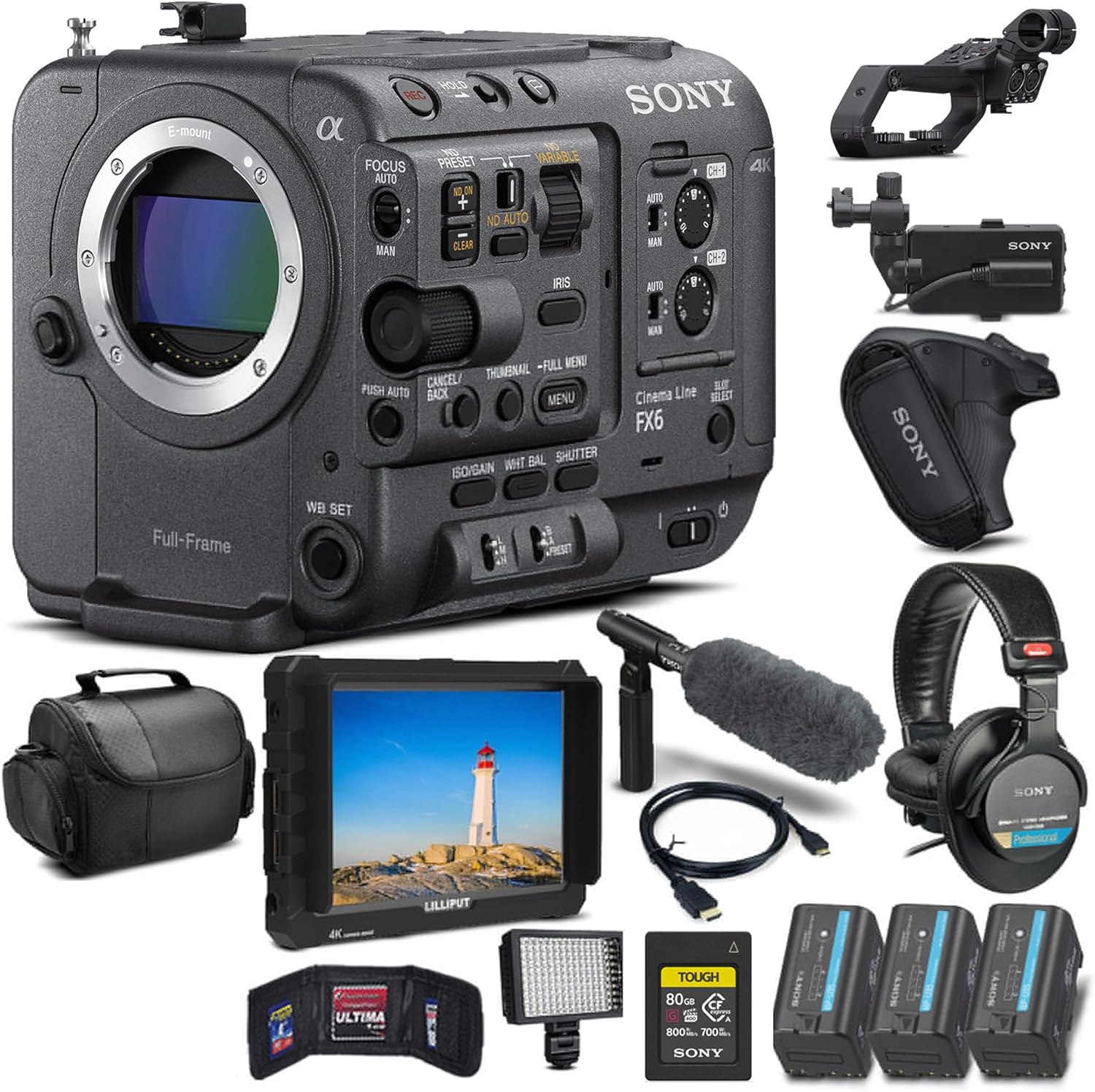 Sony FX6 Full-Frame Cinema Camera (Body Only) (ILME-FX6V) + 4K Monitor 80GB Cfexpress Card + Headphones + Mic + 2 x BP-U35 Battery + LED Light + Pro Case + Deluxe Cleaning Set + More (Renewed)