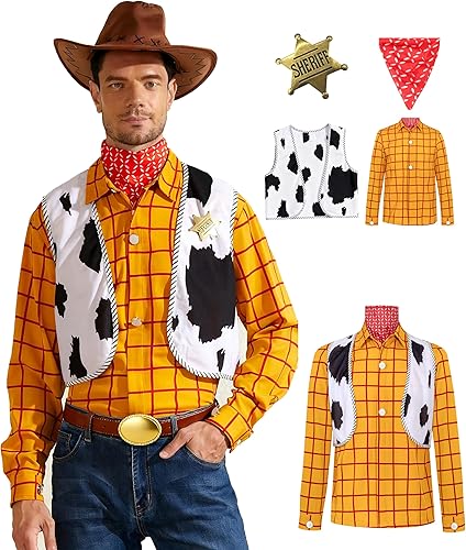 Disfraz de sheriff de vaquero occidental para hombre, con botones, kit de camisa a rayas (amarillo, S)
