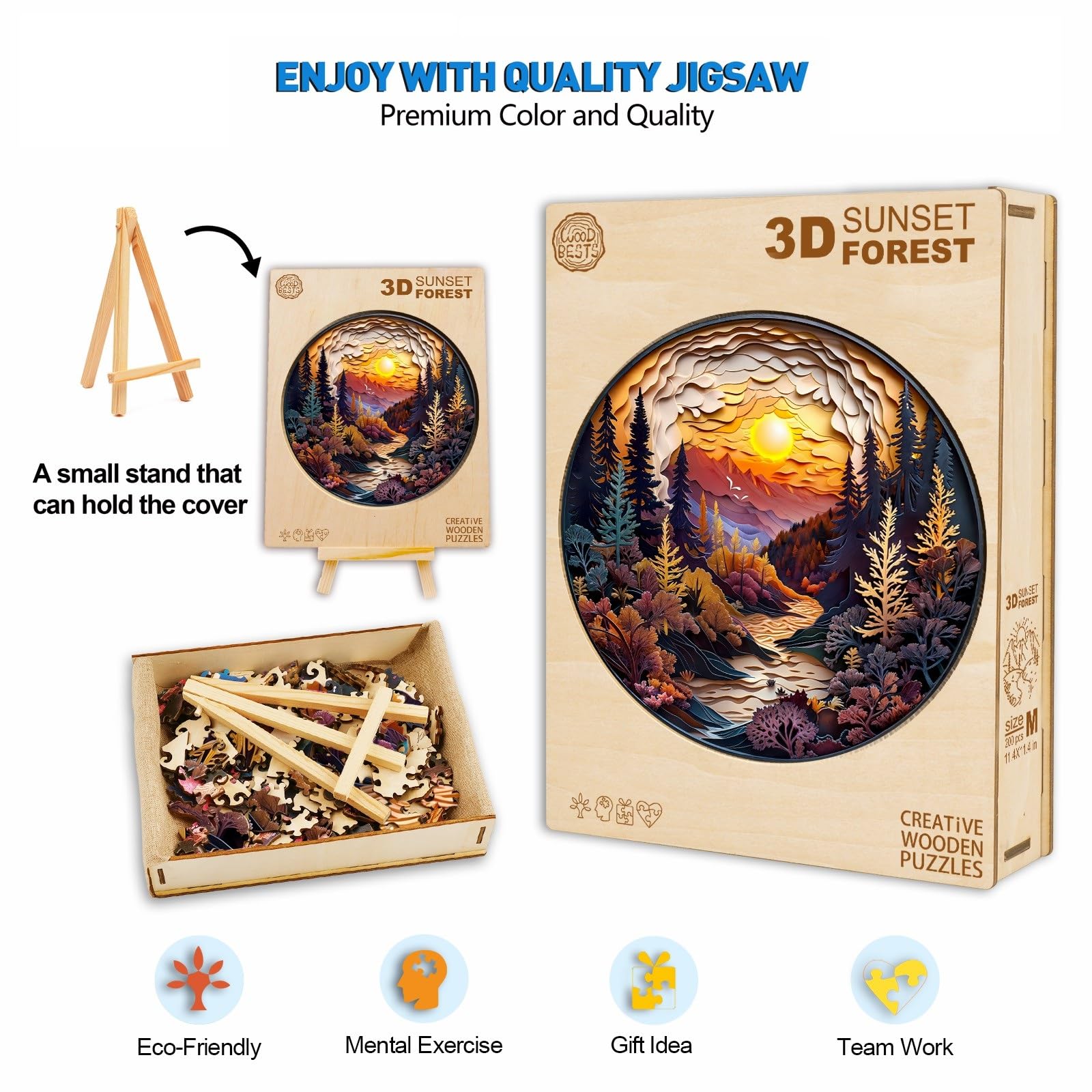 Puzzle in legno per adulti, 300 pezzi, visuale 3D, tramonto, foresta, puzzle in legno, per adulti, 34 x 34 cm, puzzle irregolare unico, puzzle in legno, a forma di animale, in legno con scatola in