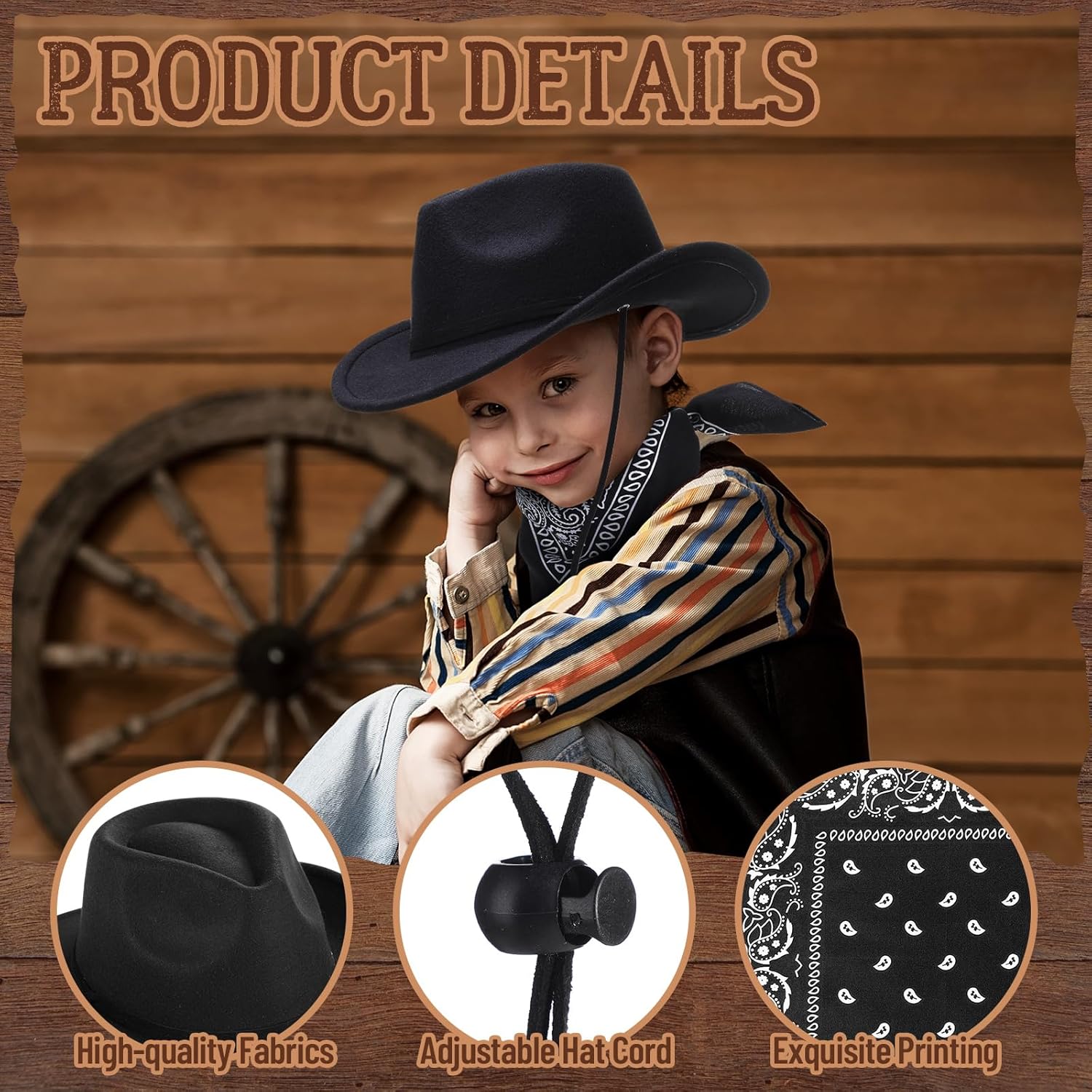 Xtinmee 2 Pcs Kids Cowboy Hat Paisley Scarves for Boys Girls Wool Toddler Cowgirl Hats with Bandana for Kids - Image 2