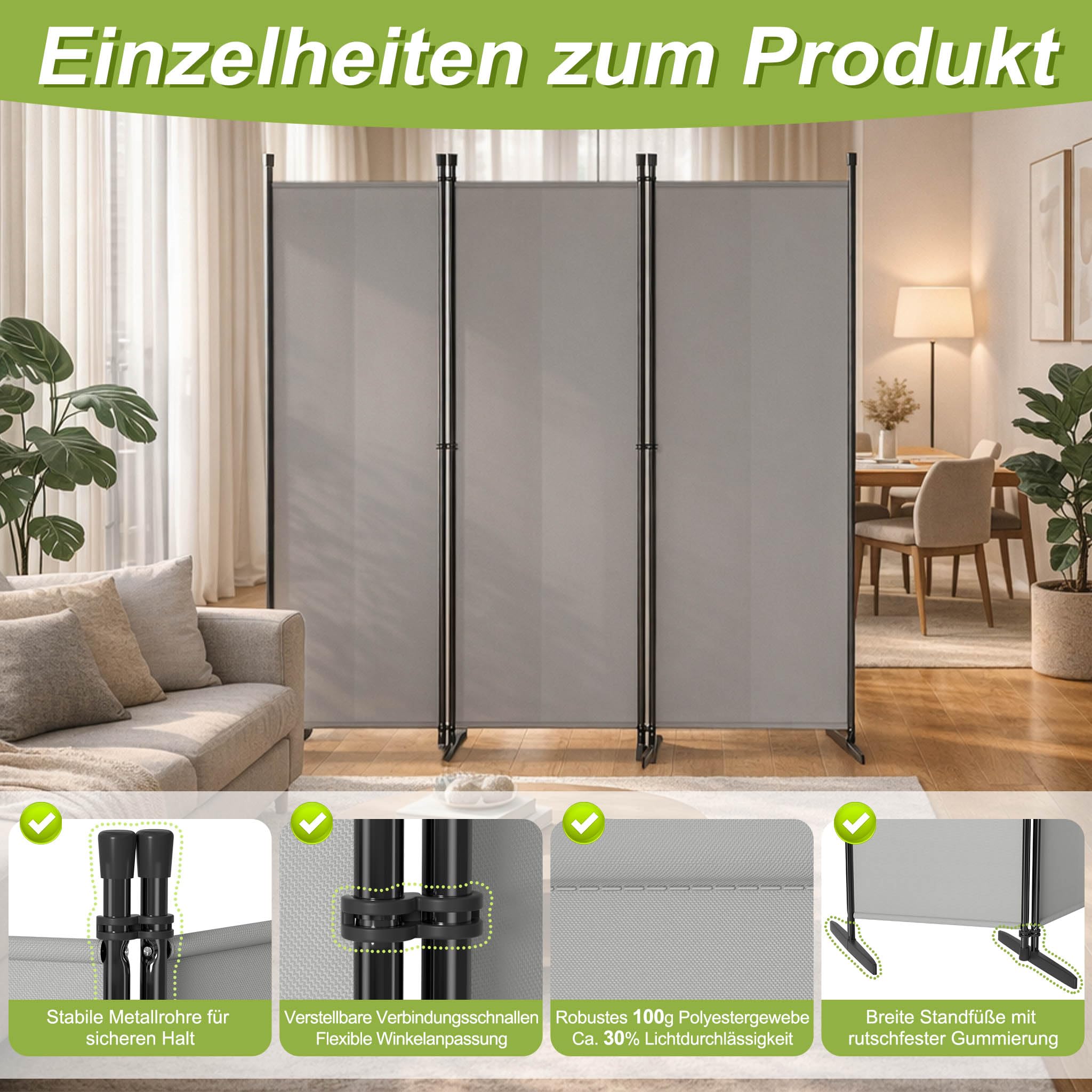 Froadp Biombo separador de habitaciones, 6 piezas, plegable, 300 x 180 cm, flexible, protección visual con clavos y cuerdas, para salón, oficina, jardín, balcón, gris claro