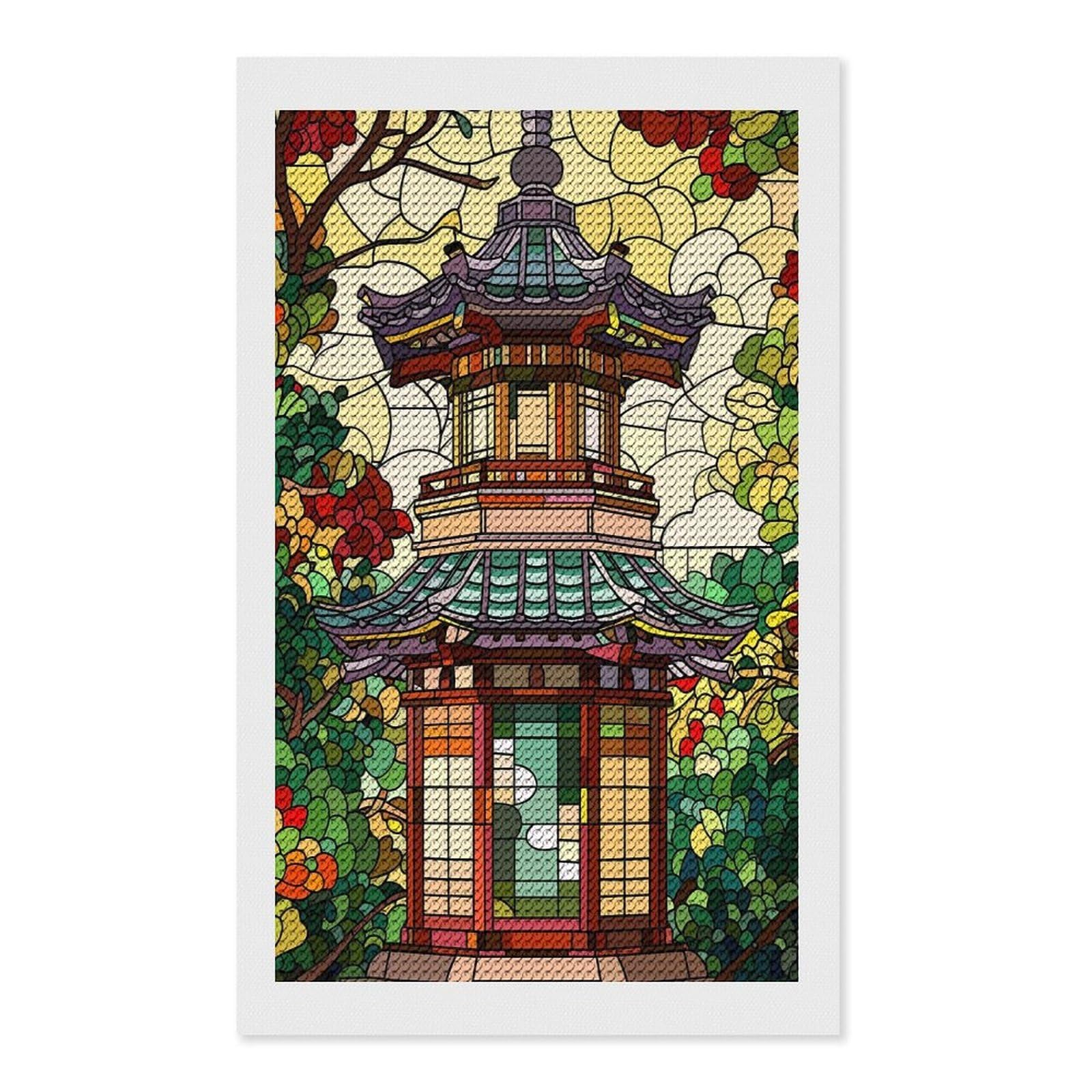 Junmoney Stained Glass Pagoda with Floral Surroundings Full Drill Diamond Painting Kit 12"x20", Sparkling Round Gems, Decorate Your Room, Mindful Craft Activity