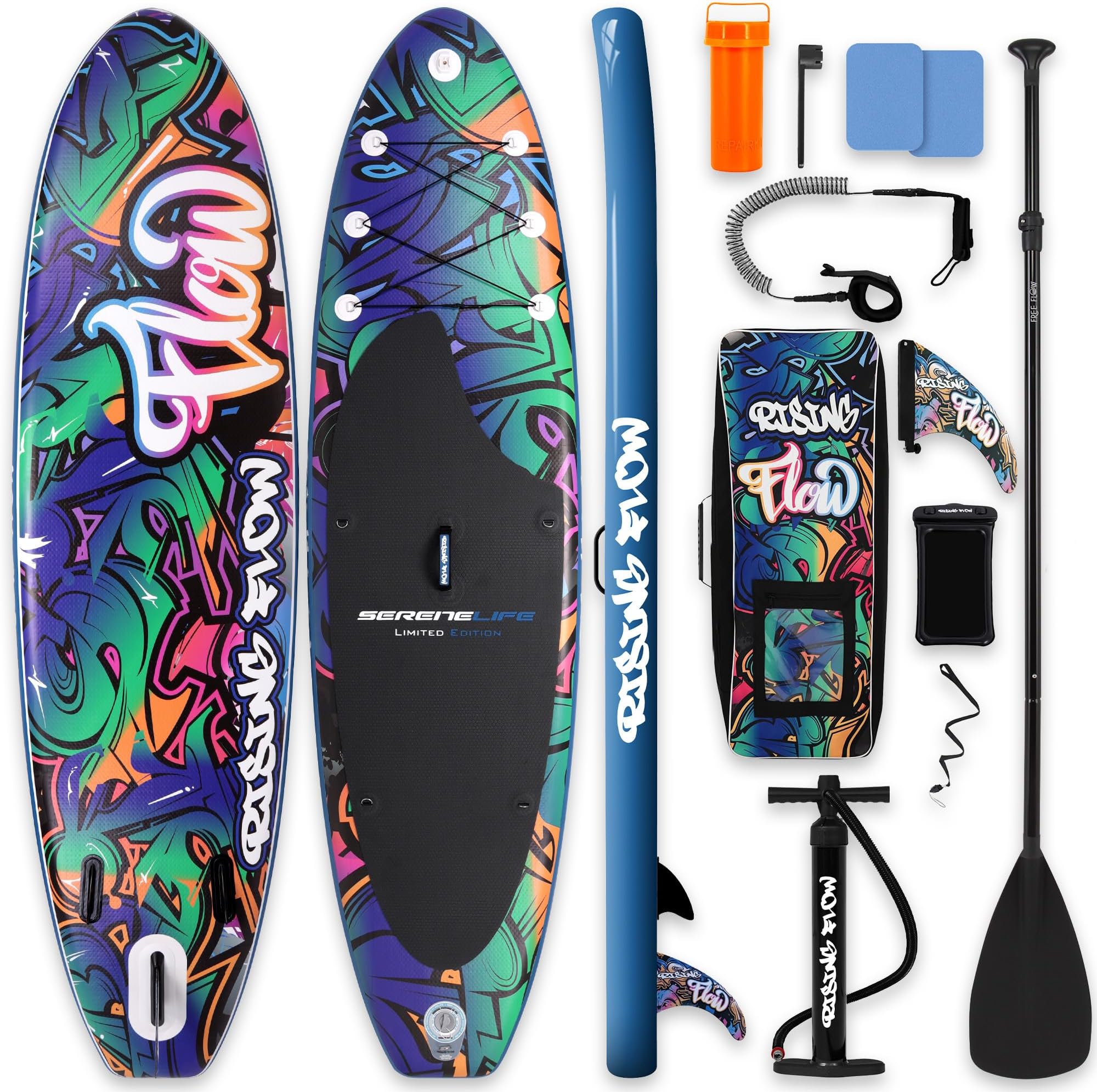 SereneLife Inflatable Stand Up Paddle Board - Wide Stable Design, Non-Slip Deck for Adults & Youth with Premium Paddle Board Accessories: Carry Bag, Dual Action Pump, Paddle, Ankle Leash - 10'6"