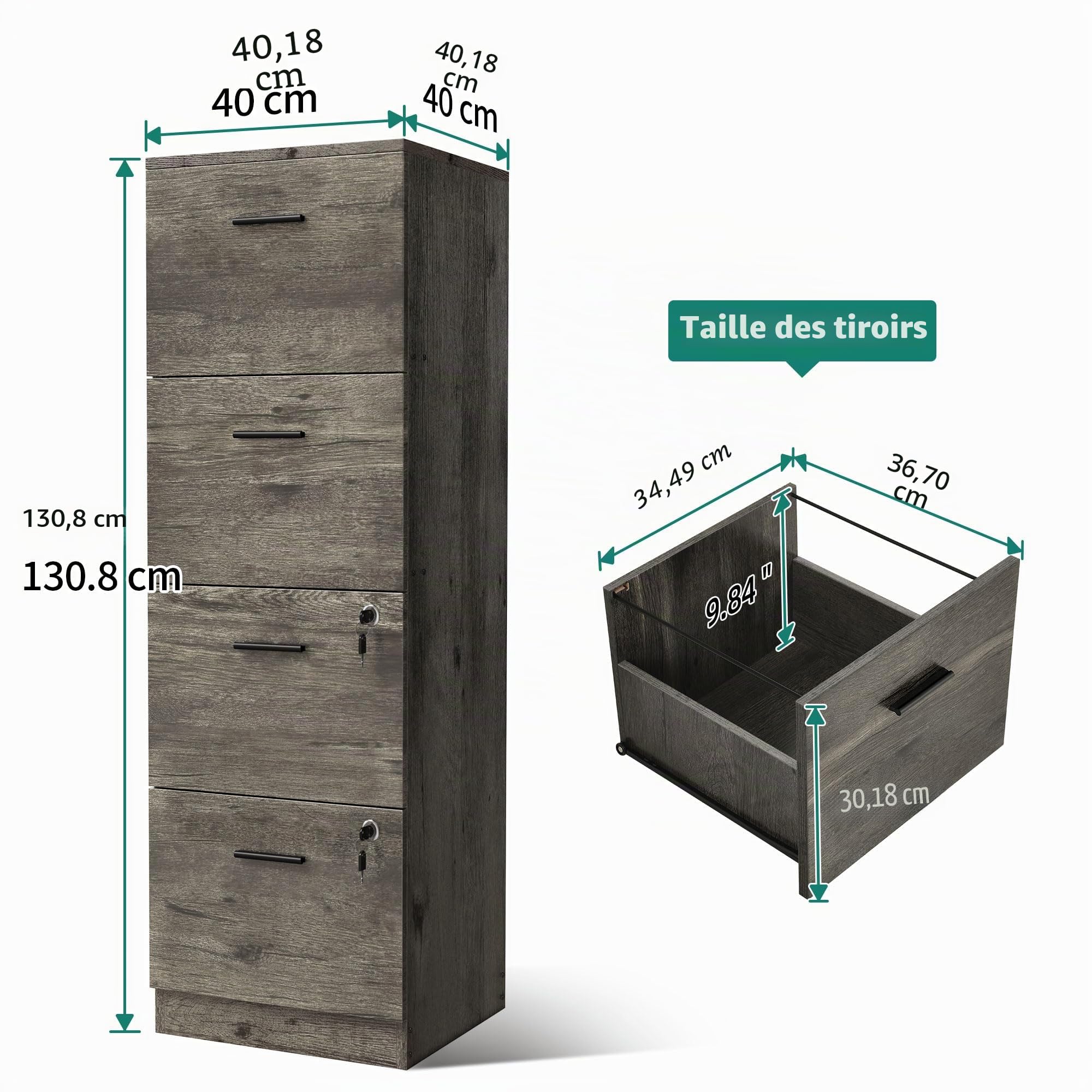YITAHOME Armoire de Bureau à 4 tiroirs, verrouillable, 130,7 cm de Profondeur, pour classeurs de Format A4, pour la Maison et Le Bureau, Grise