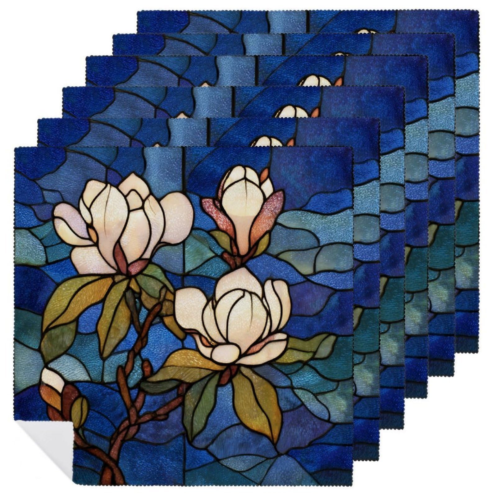 Southern Magnolia Tree Stained Glass Cloth Napkins Set of 6, Square Premium Reusable Washable Polyester Table Linen Napkin for Dinner Party