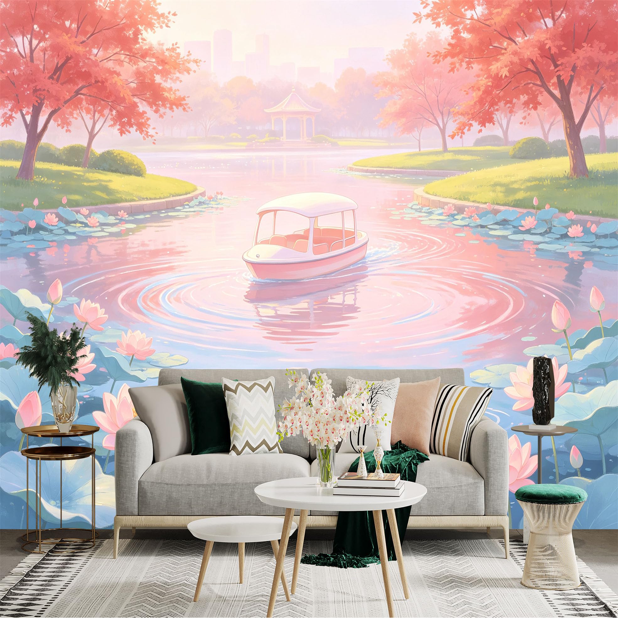 Custom Size Wall Sticker Mural， Dreamy Pastel Lake with Blooming Lotus Flowers， Gentle Boat and Swimming Ducks， for wall Decoration， peelandstick wall Decals.